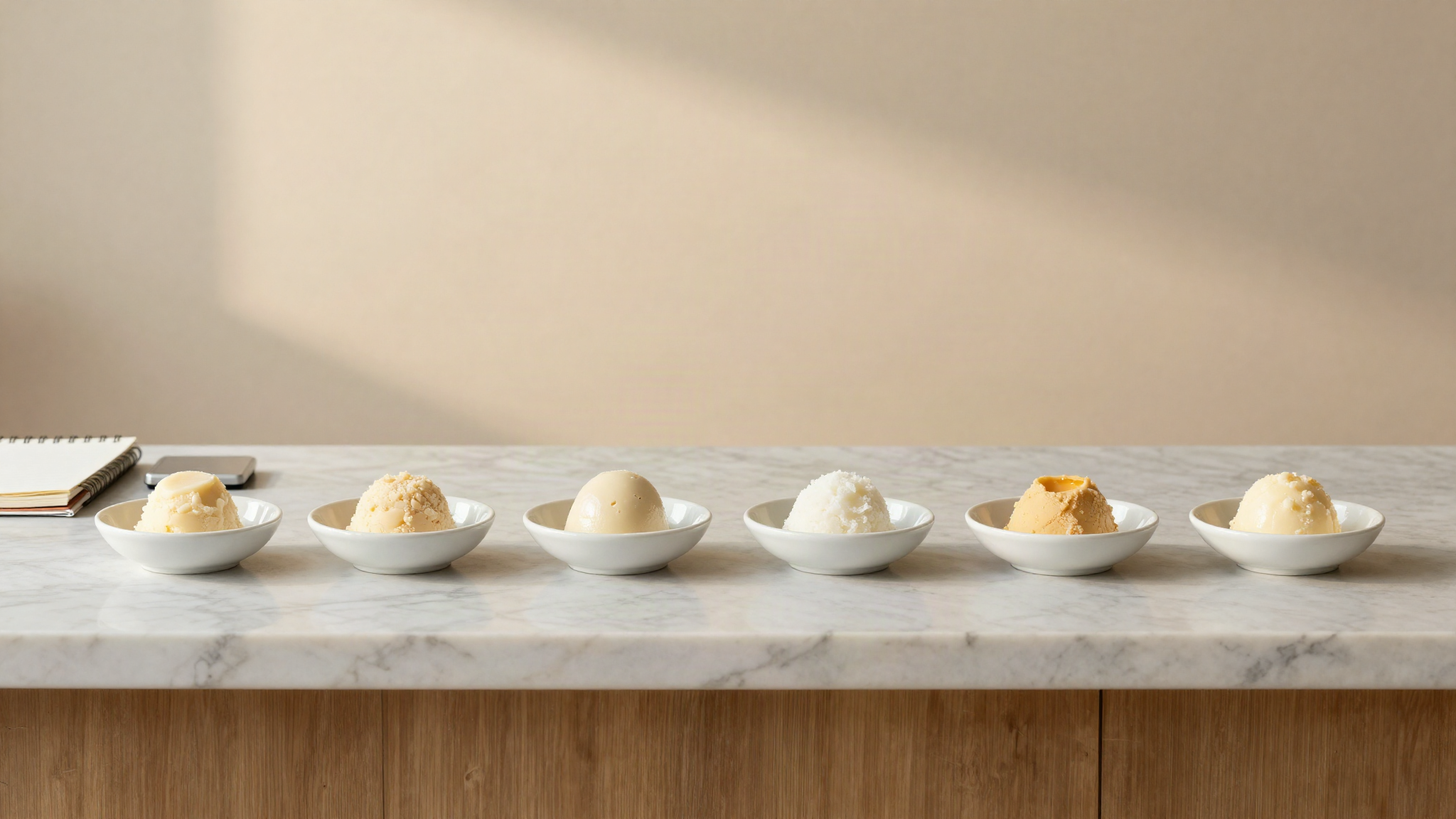 Marble counter with five small ceramic dishes of frozen dessert in a row, a notebook and a scale for comparison