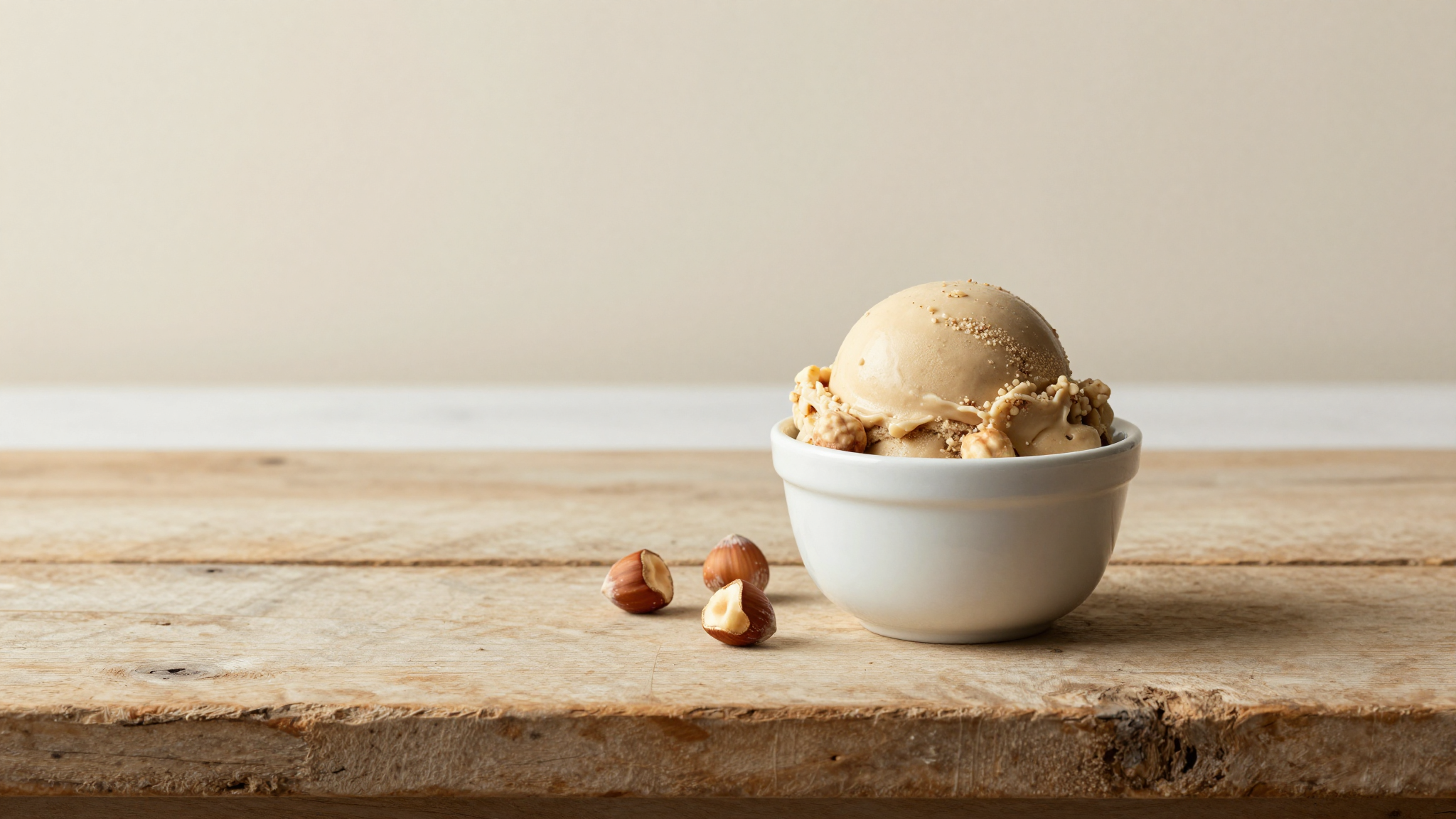 Finished Nocciola Piemontese gelato — deep beige hazelnut scoop in white ceramic cup with whole Piedmont hazelnuts scattered beside on aged wood