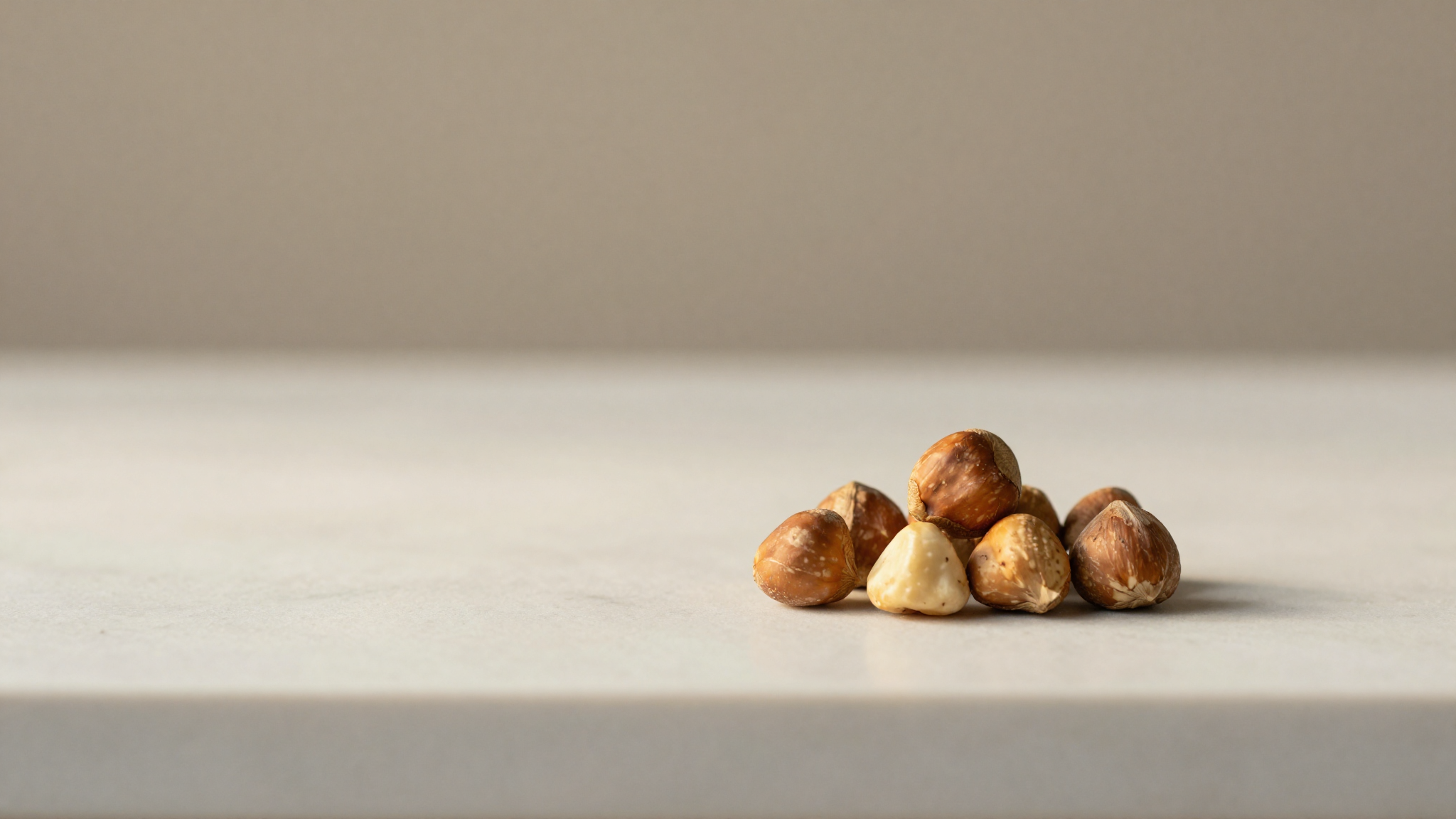 Tonda Gentile Piedmont hazelnuts in their shells on white marble with a single shelled raw nut beside