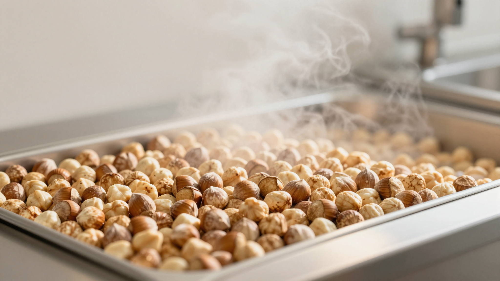 Freshly roasted shelled hazelnuts cooling on a stainless tray in italian gelato lab
