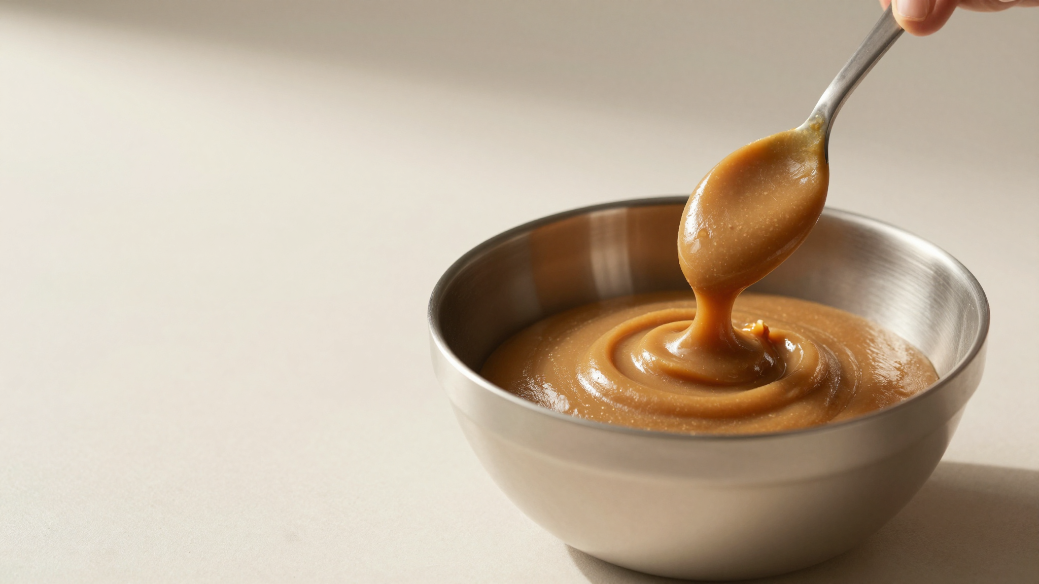 Smooth amber-brown pure 100 percent italian hazelnut paste being scooped into a stainless mixing bowl