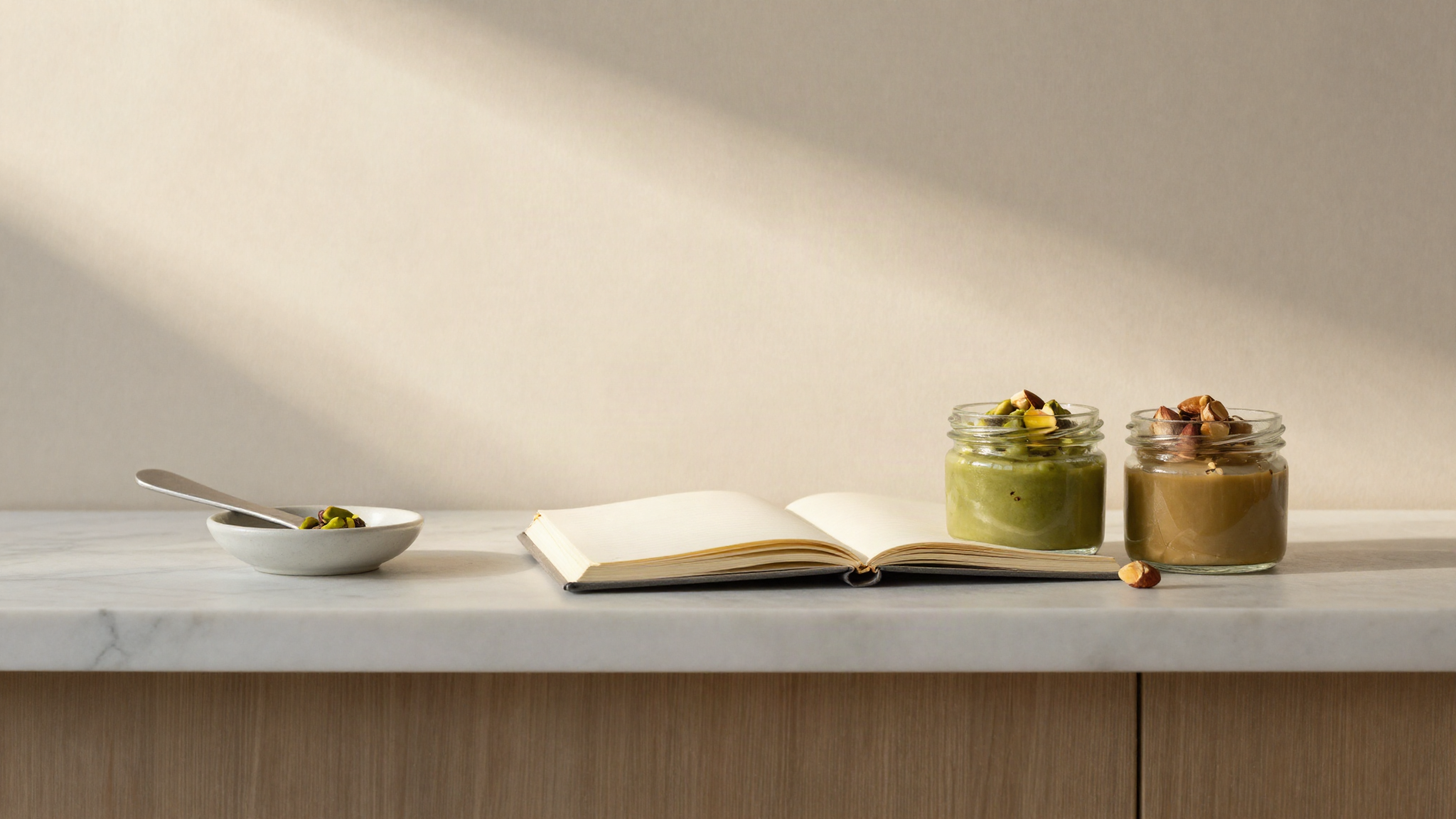 An open notebook beside small sealed glass jars of hazelnut and pistachio paste on a marble shelf, with a spatula resting on a ceramic dish