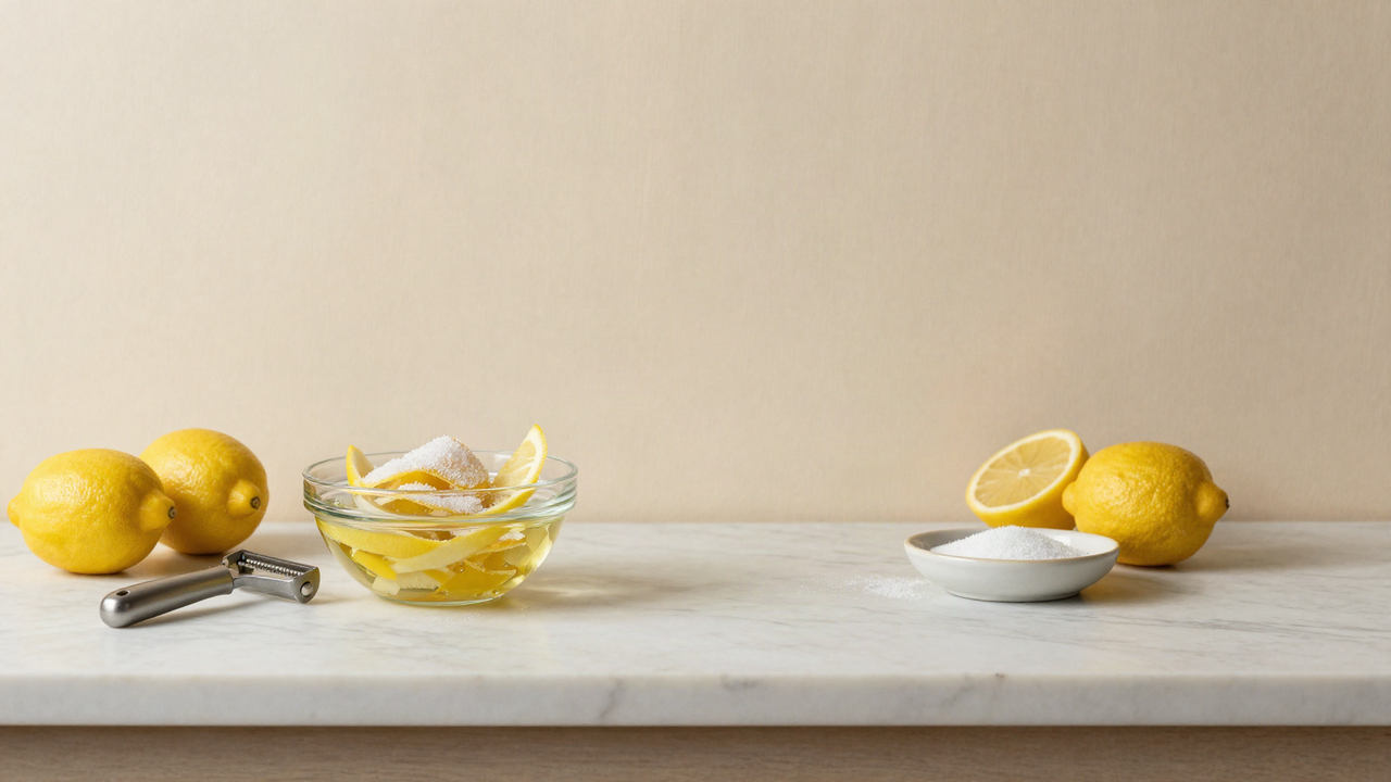 A marble counter with a glass bowl of sugared lemon peel strips glistening with citrus oil, whole lemons, a peeler and a small dish of sugar