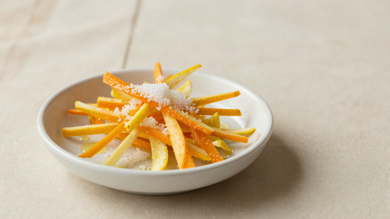 Thin orange and lemon zest strips with no white pith piled in a white ceramic bowl with coarse sugar and beads of syrup forming