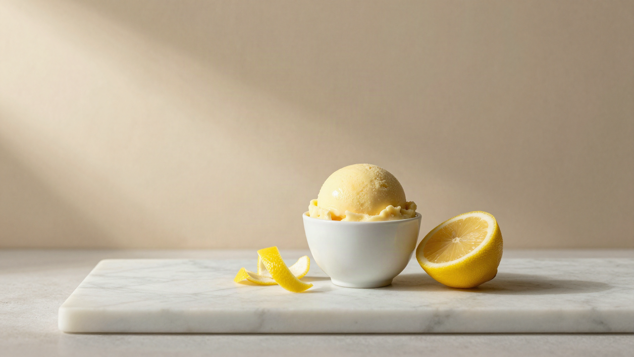 A scoop of pale yellow lemon sorbet in a white ceramic cup beside curled lemon peel strips and half a lemon on marble