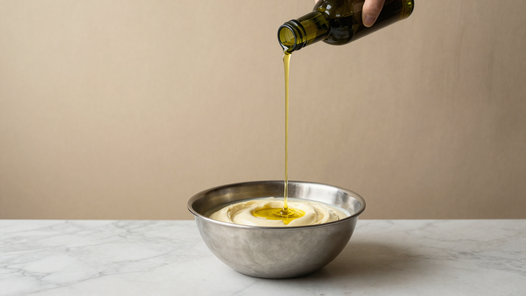 A thin stream of golden olive oil being poured into a pale creamy gelato base in a stainless steel bowl