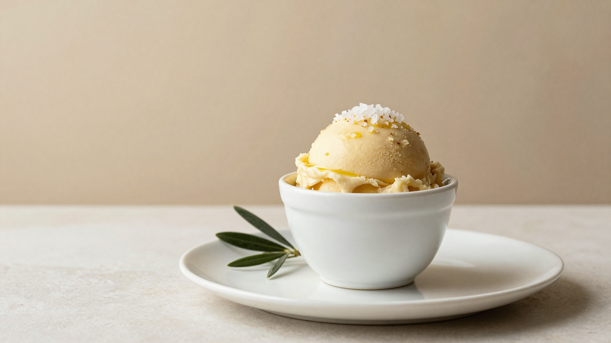 A finished scoop of pale golden olive oil gelato with Maldon salt flakes seen from a low angle
