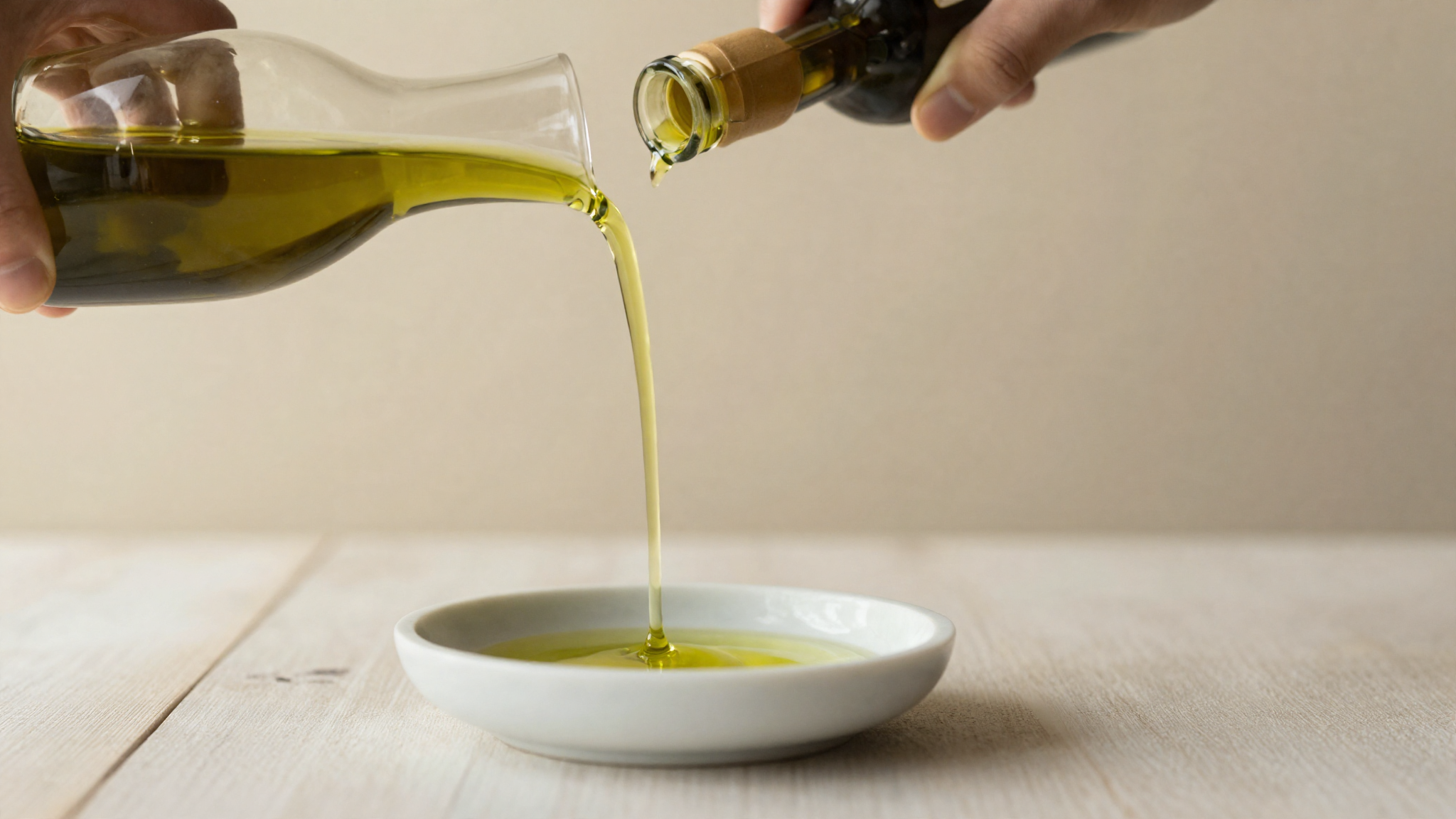 A glass cruet pouring a thin stream of green-gold extra virgin olive oil onto a dish