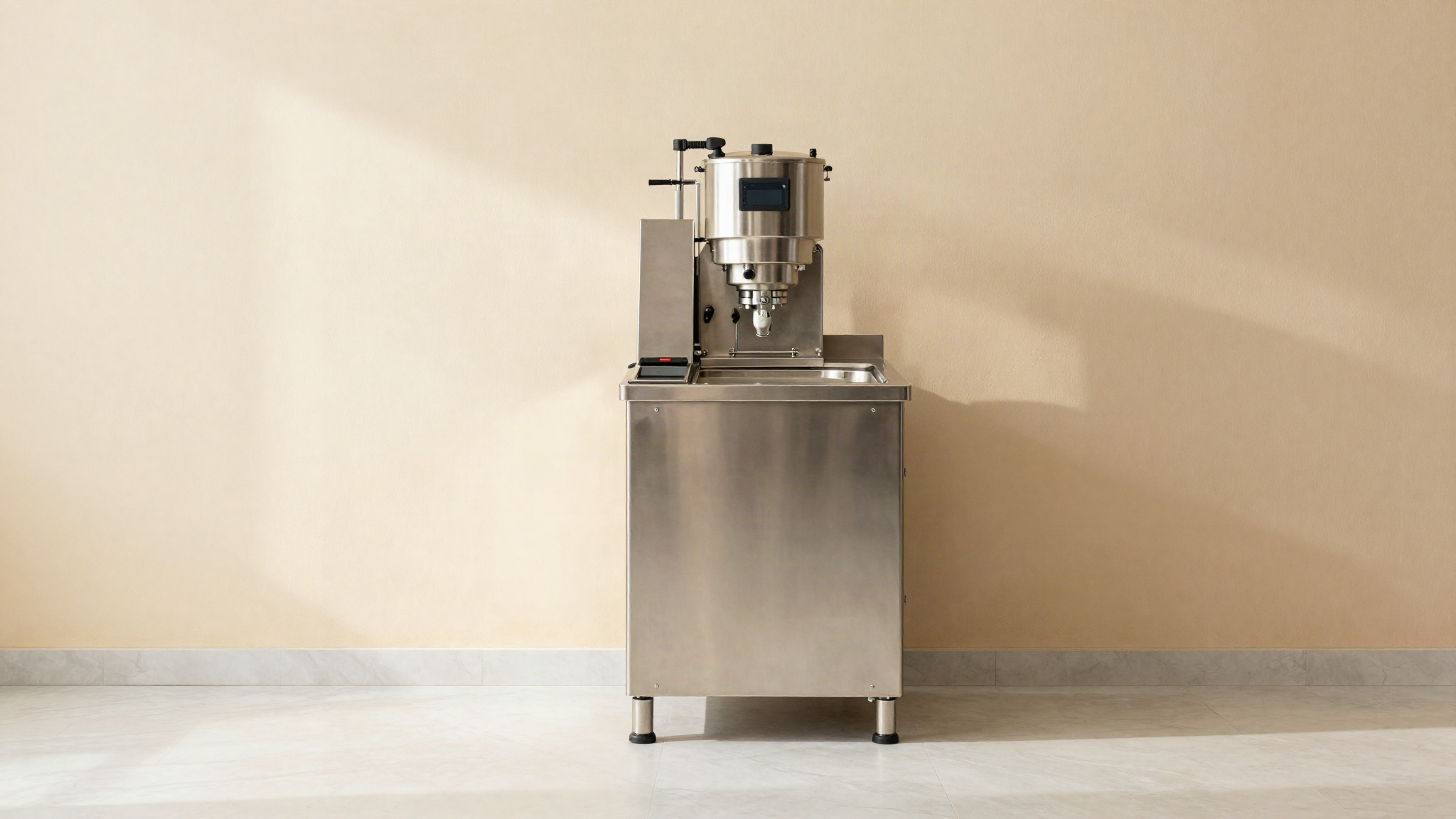 A stainless vertical batch freezer beside a compact benchtop frozen dessert processor in a gelato lab
