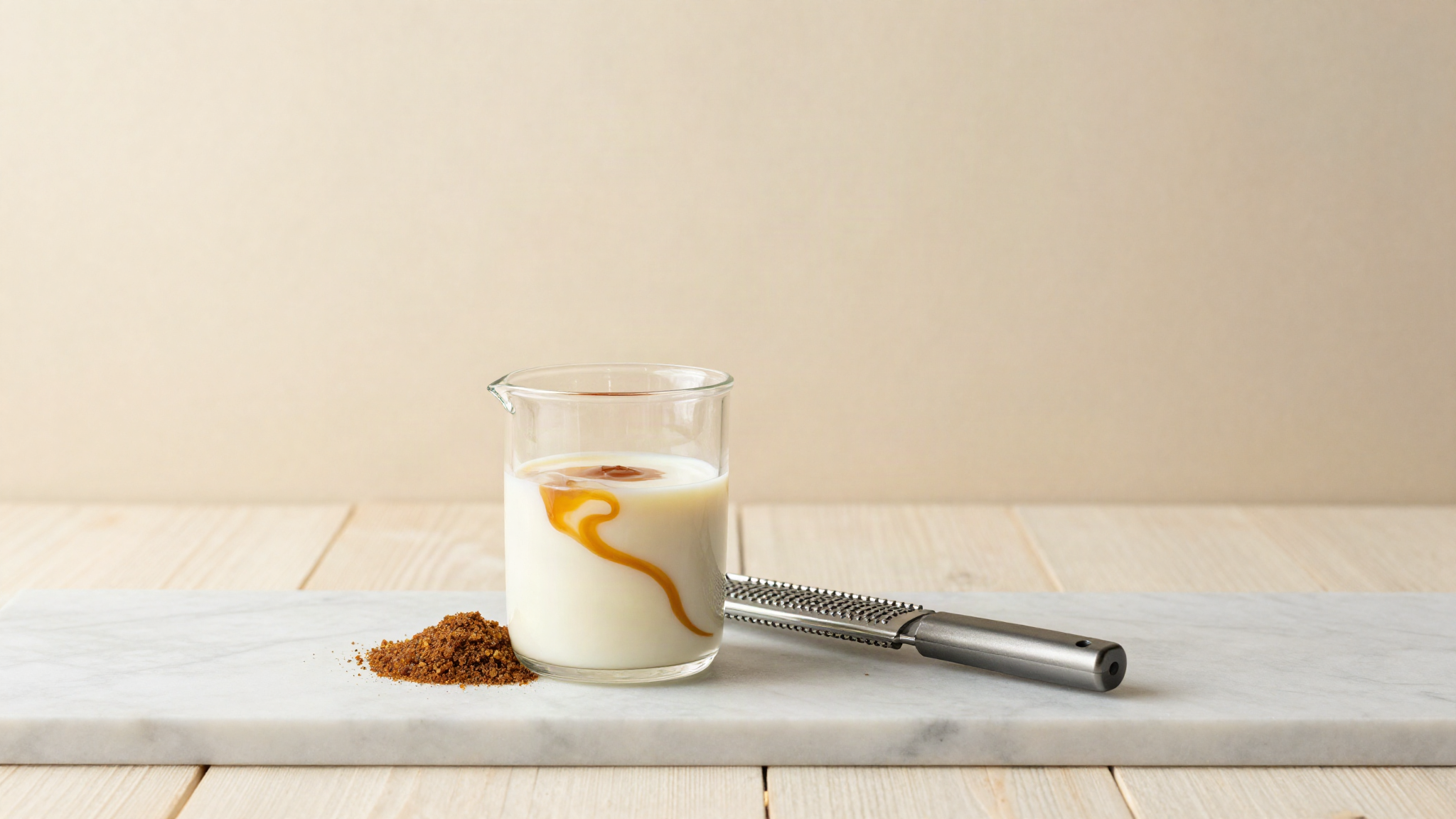 Grated dark palm sugar dissolving into warm milk in a small glass beaker on marble