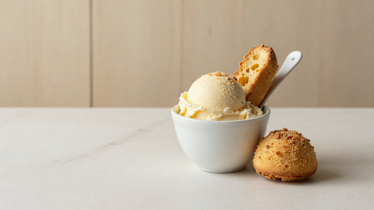Scoop of pandoro gelato in a white ceramic cup with golden cake crumbs on marble