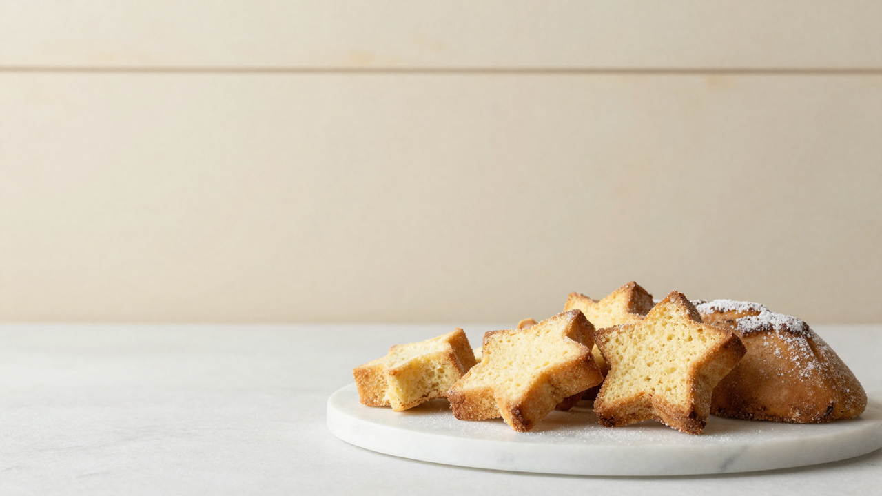 Slices of golden pandoro dusted with vanilla sugar on a marble surface