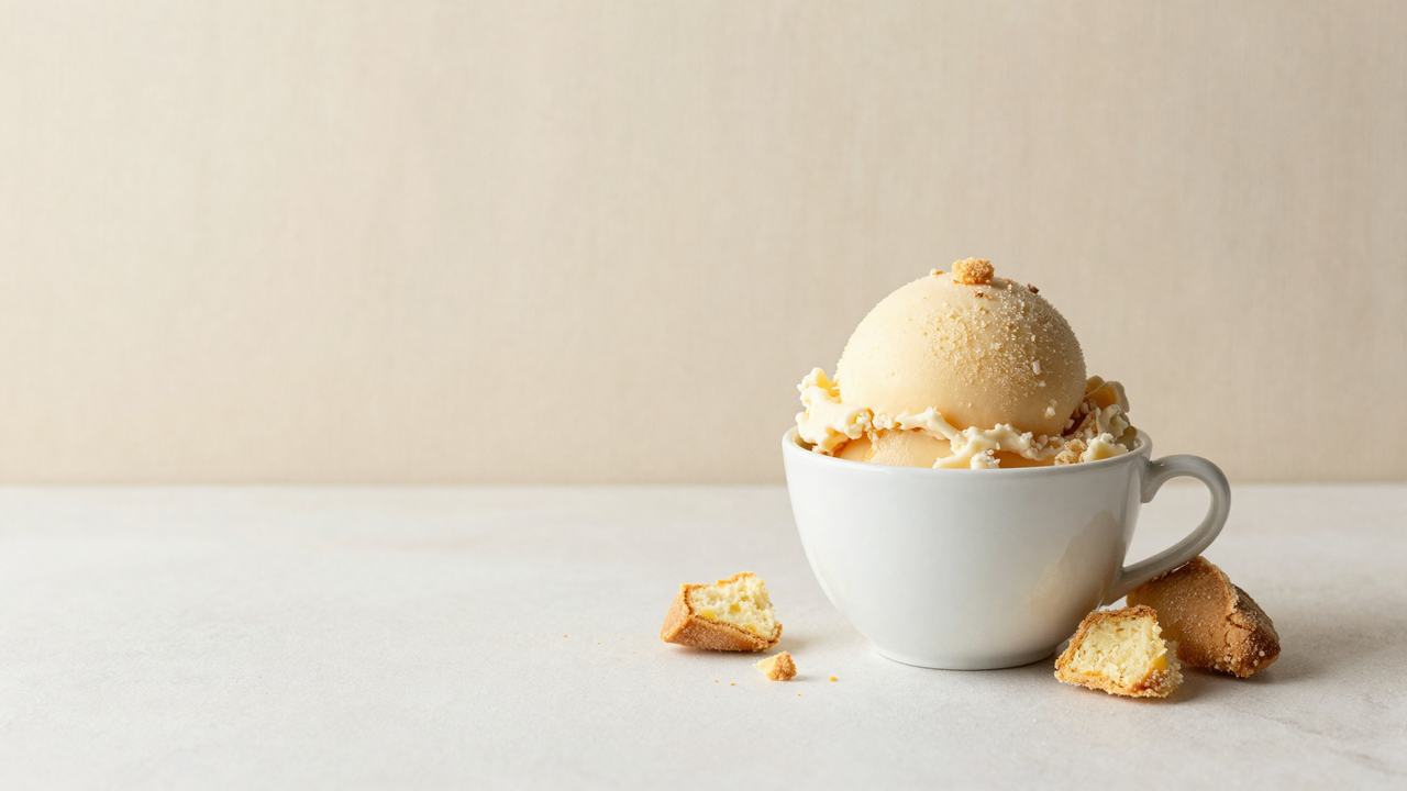 Scoop of pale golden pandoro gelato with cake crumbs, festive still life