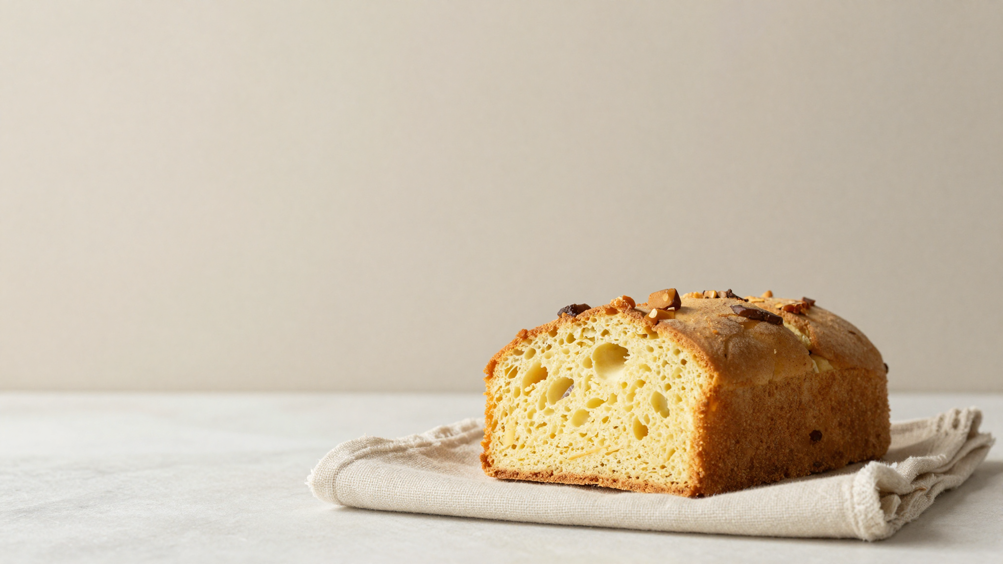 A single slice of golden pandoro showing its soft buttery crumb on linen