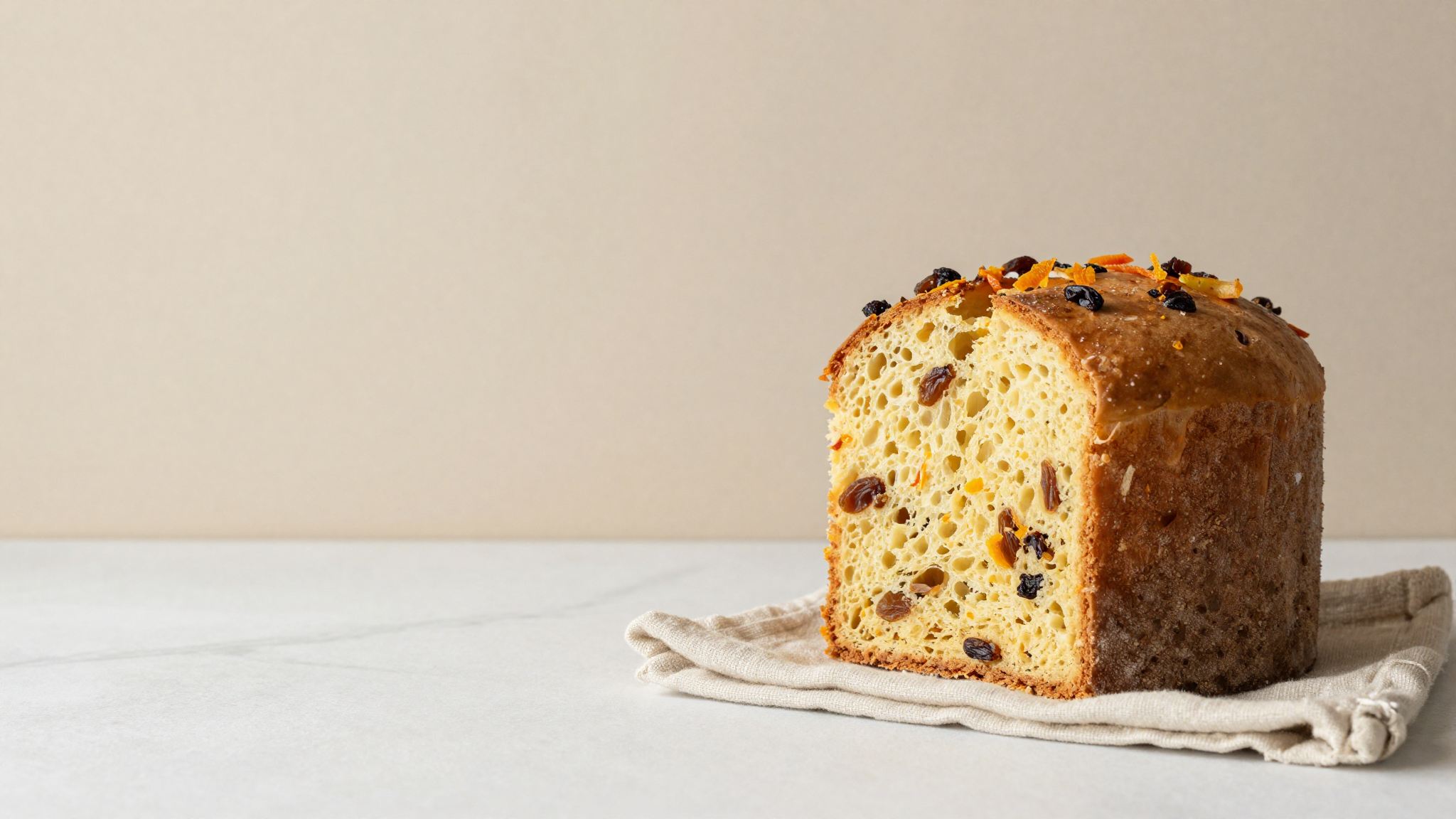 A slice of panettone studded with candied peel and raisins on linen