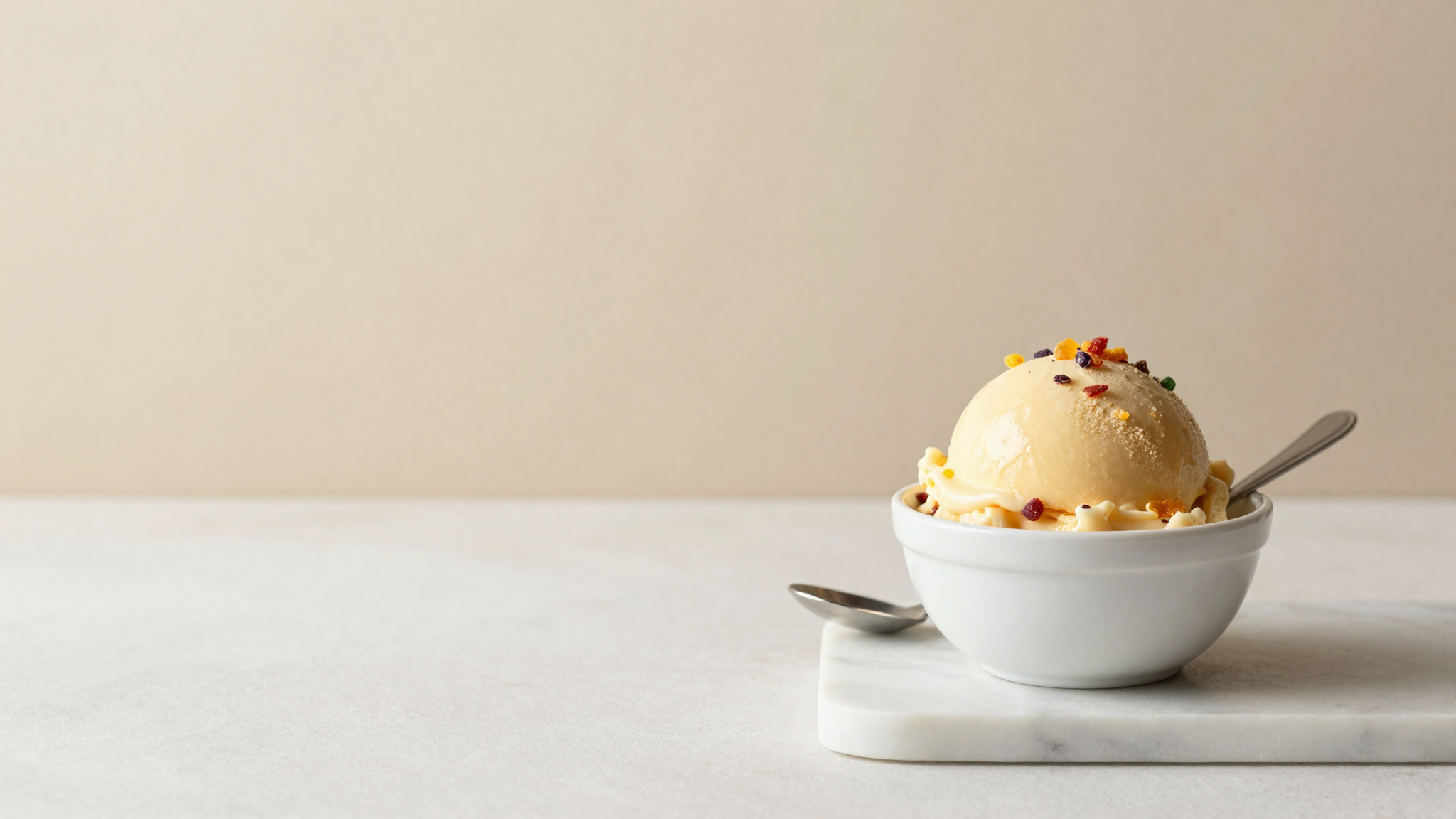 A smooth scoop of pale golden festive gelato flecked with candied fruit in a ceramic cup