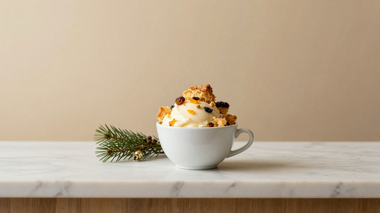 Finished panettone gelato in a small white ceramic cup on marble with candied peel and raisin visible folded into pale cream