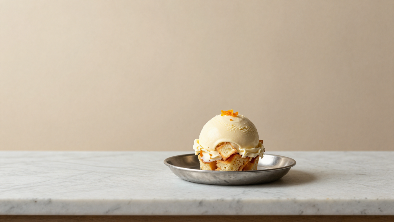 Inline — finished panettone gelato scooped, showing visible cubes folded throughout
