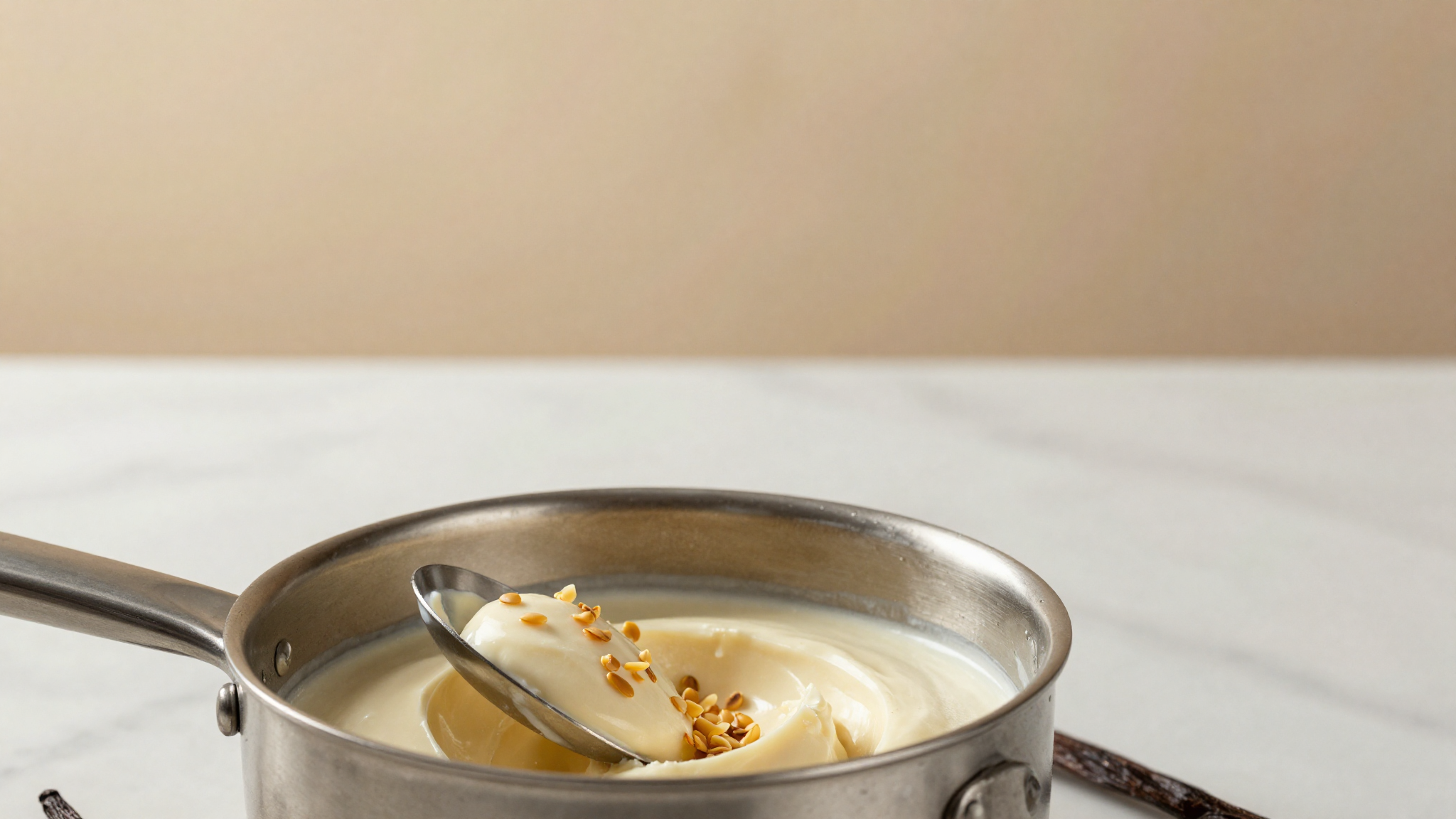 Vanilla seeds being scraped into warm cream in a stainless saucepan