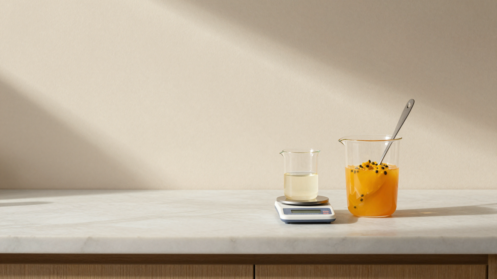 Vivid orange passion fruit puree being weighed on a small digital scale beside a beaker of sugar syrup