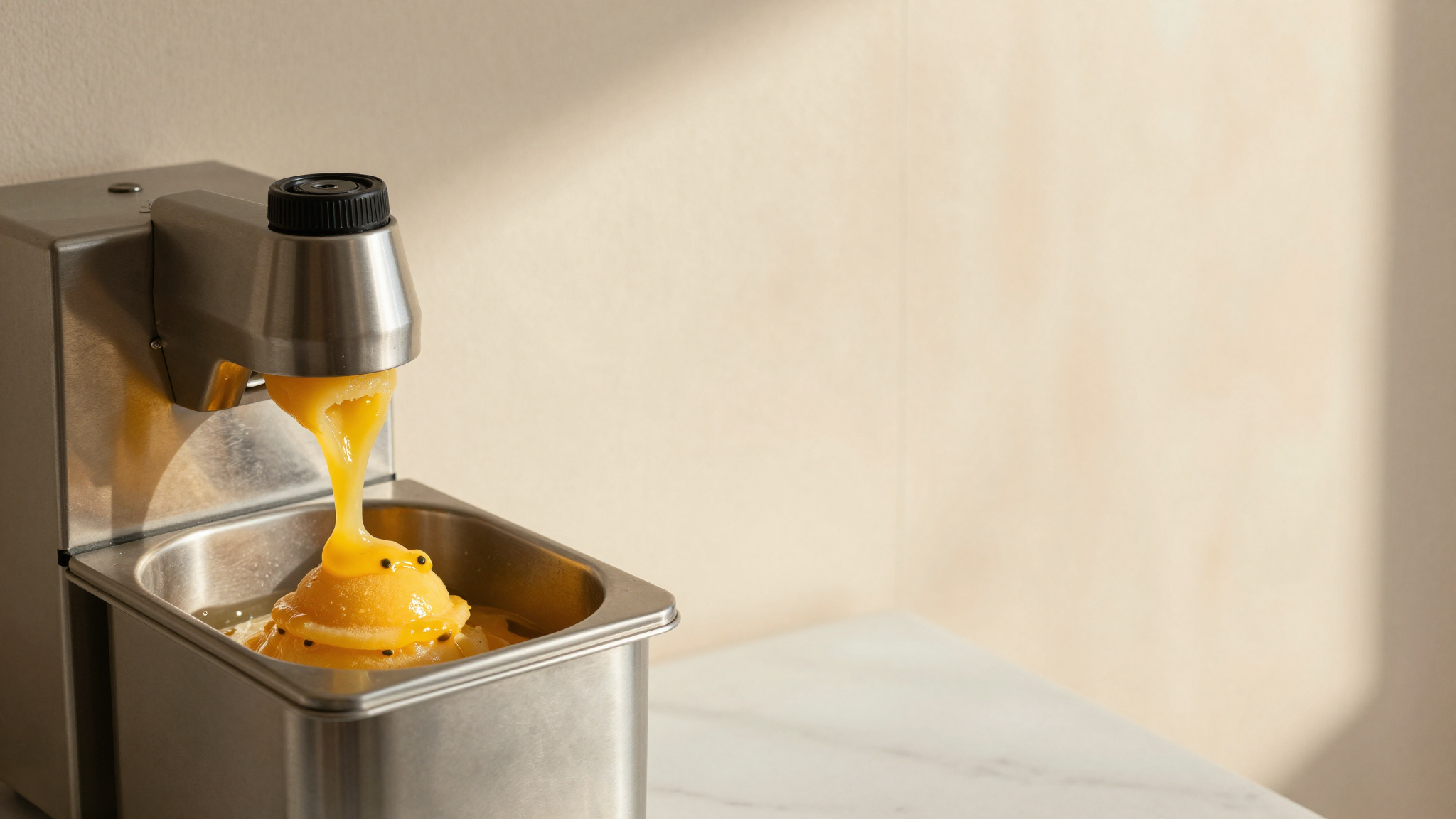 Bright orange passion fruit sorbet mix churning inside a stainless steel batch freezer mantecatore
