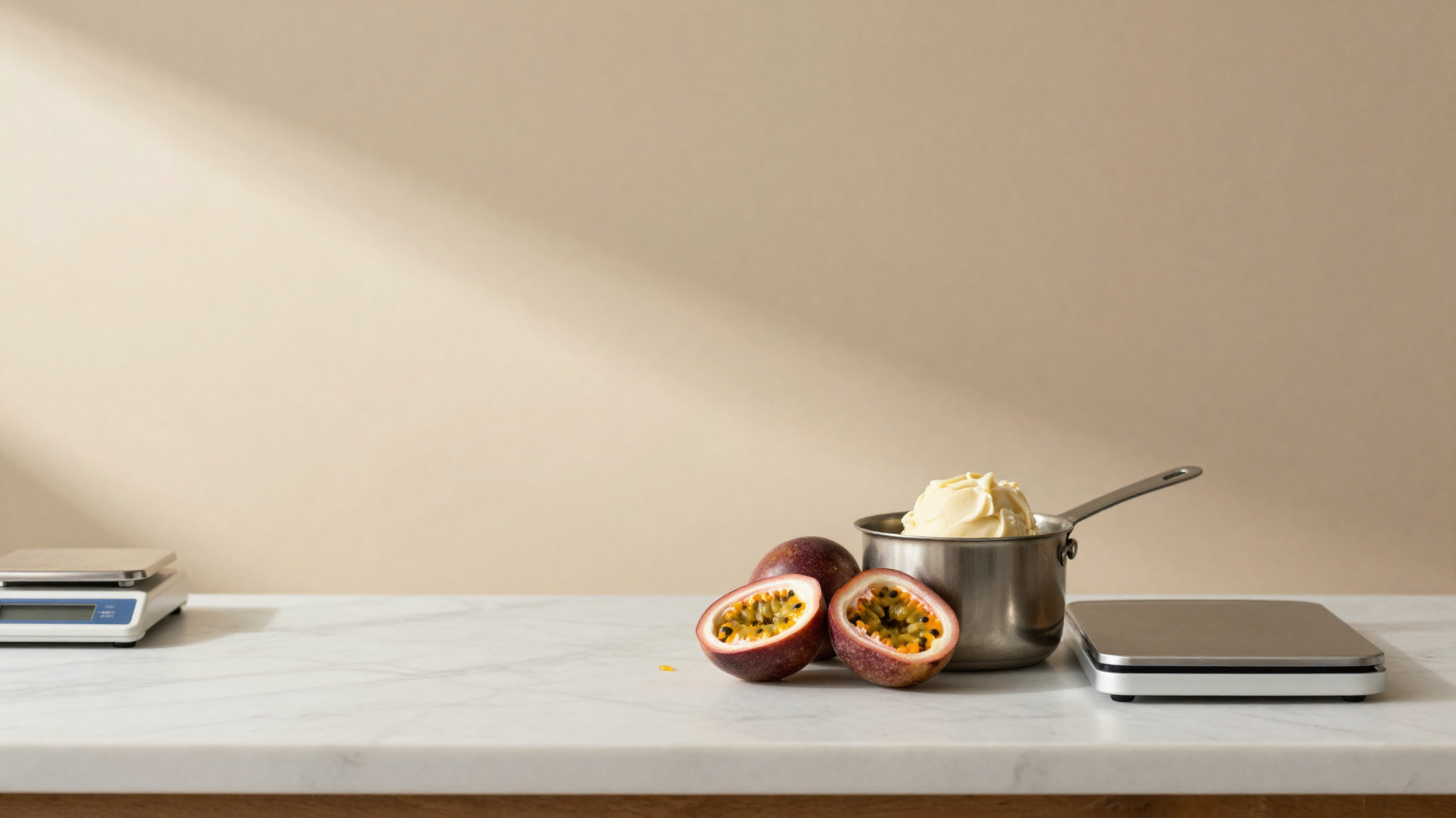 Fresh halved passionfruit beside a scale and saucepan on marble