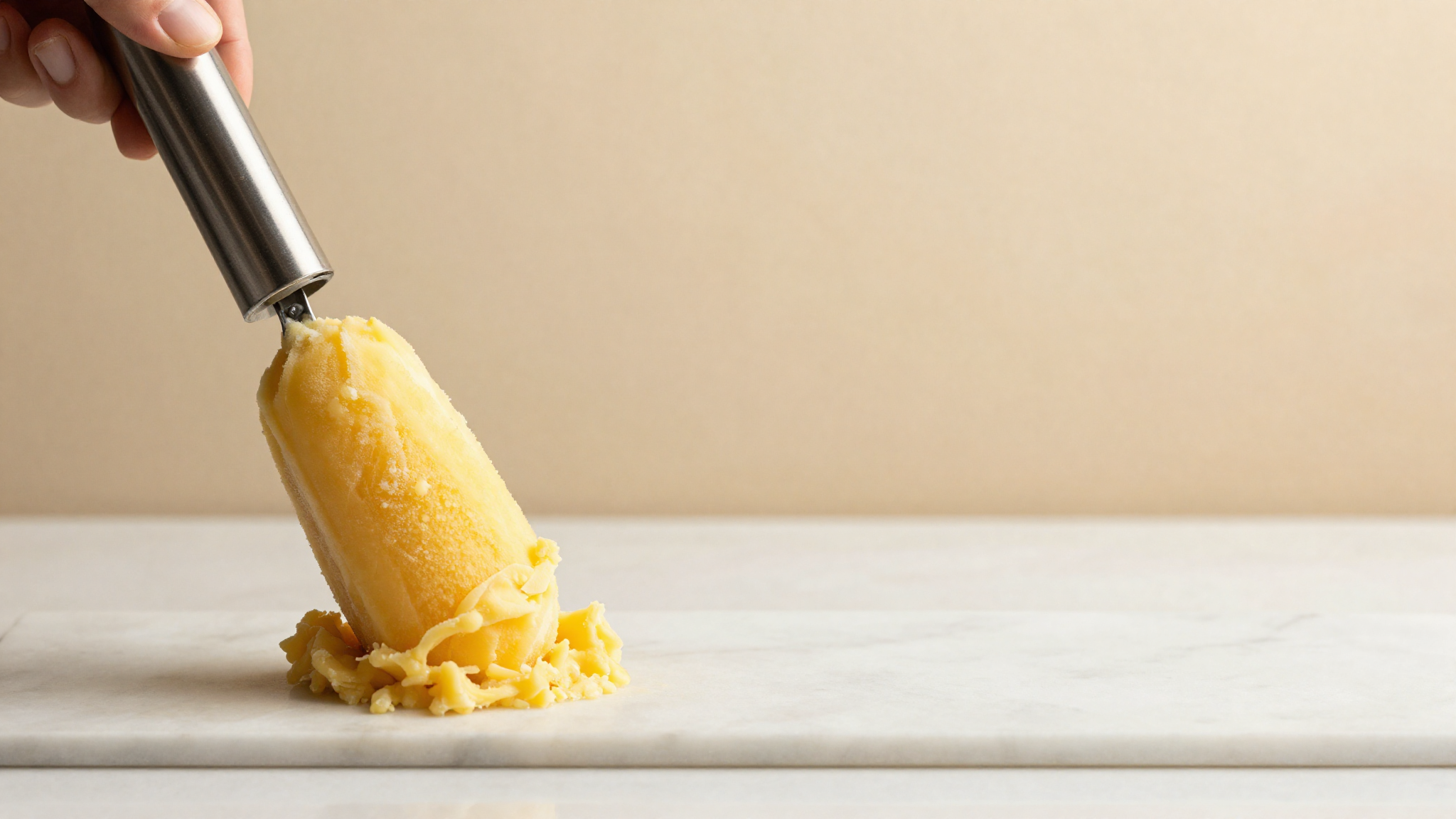 Bright yellow sorbetto mix churning on a batch-freezer paddle