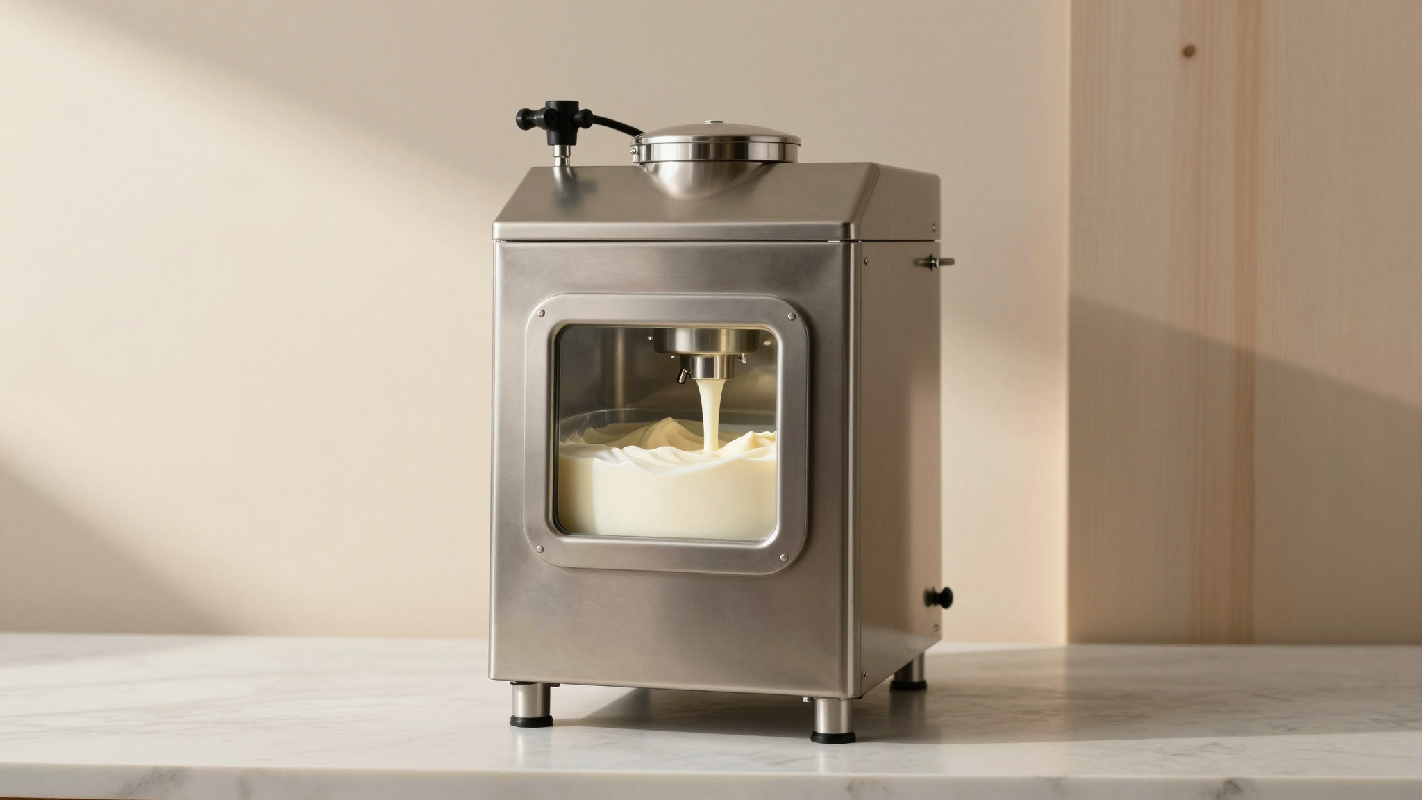 Polished stainless steel italian gelato pasteurizer with inspection window in a clean lab