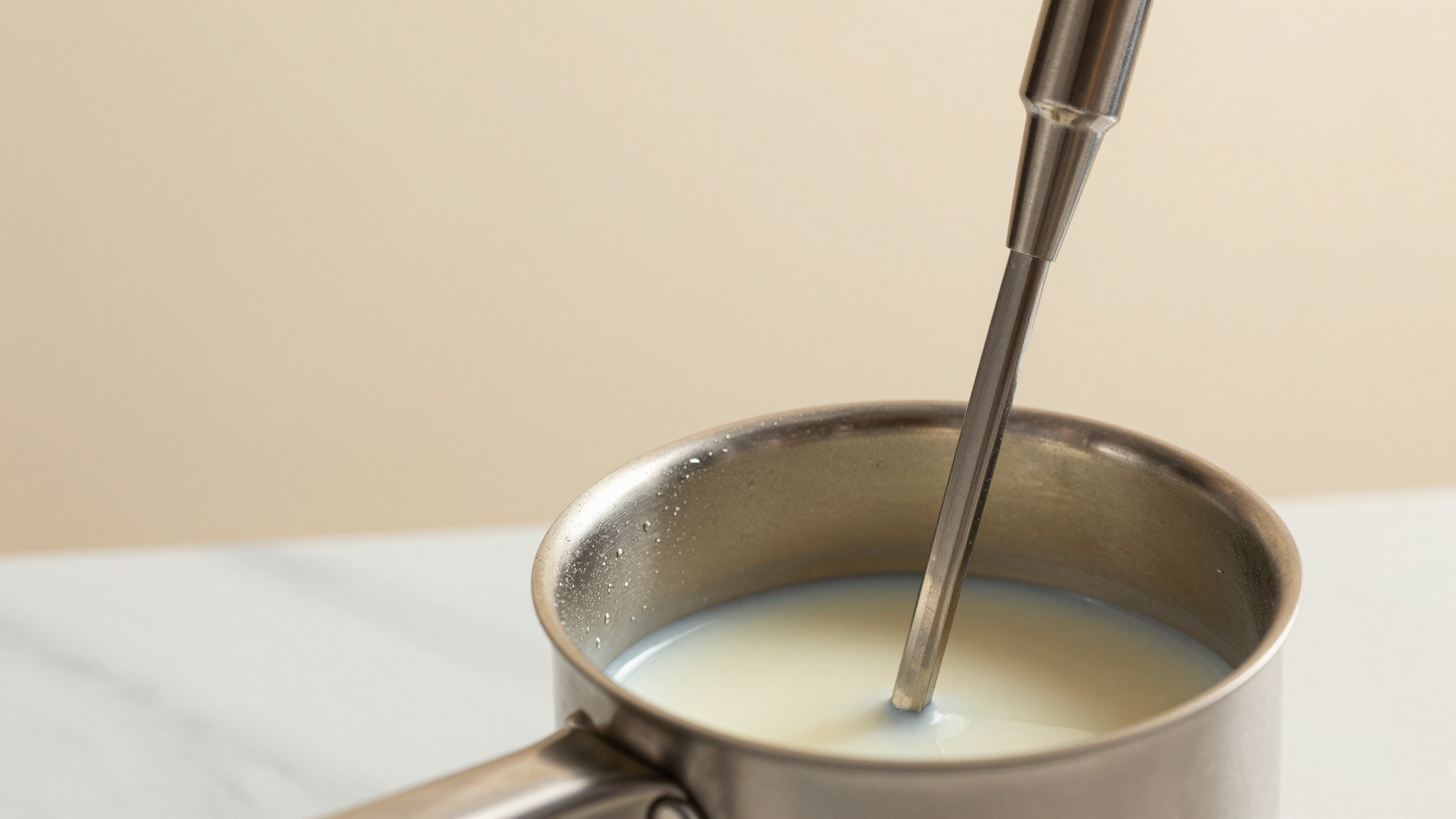 Stainless thermometer probe in warm milk