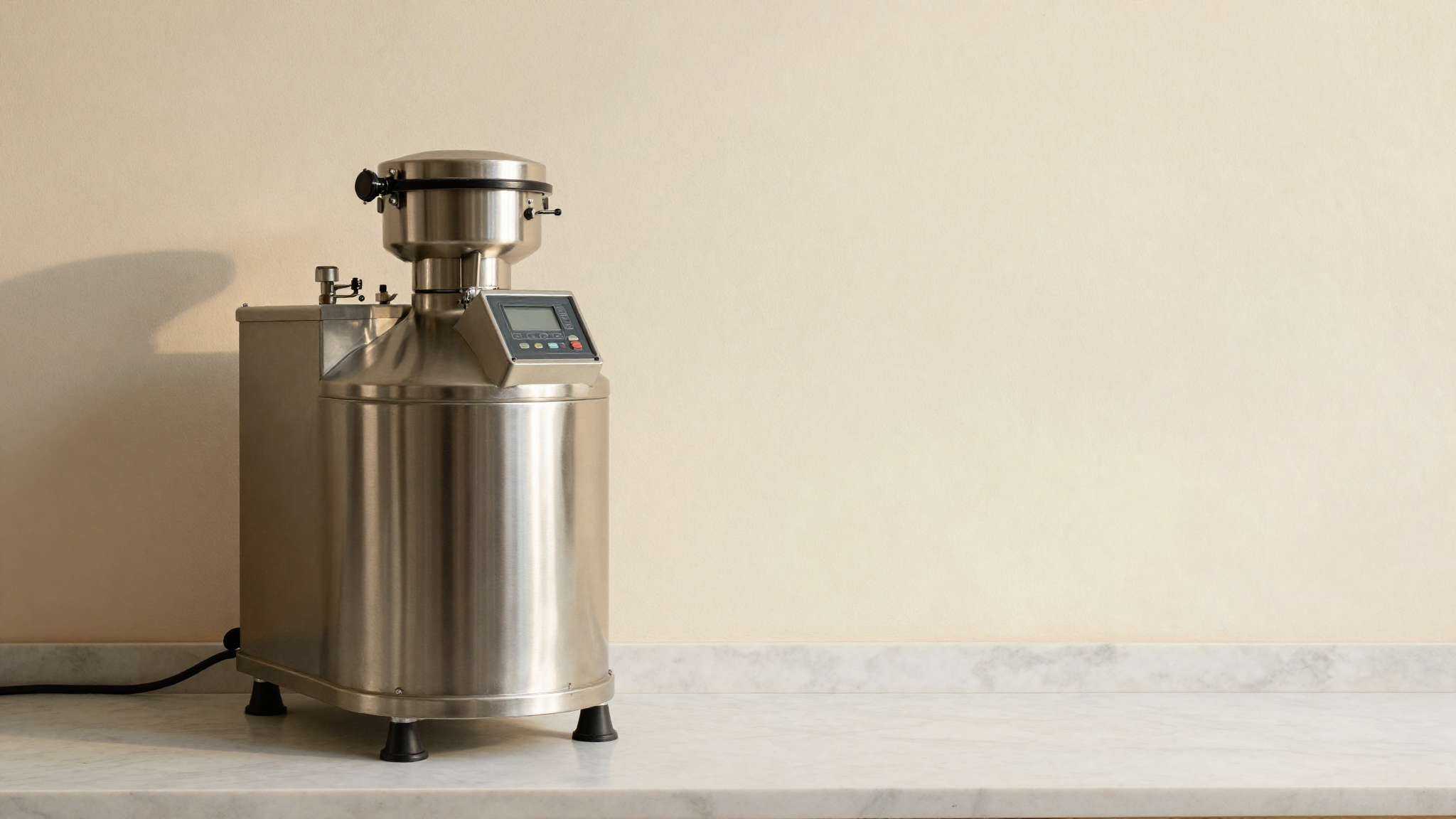 Polished stainless steel cylindrical gelato pasteurizer in a clean italian artisanal lab