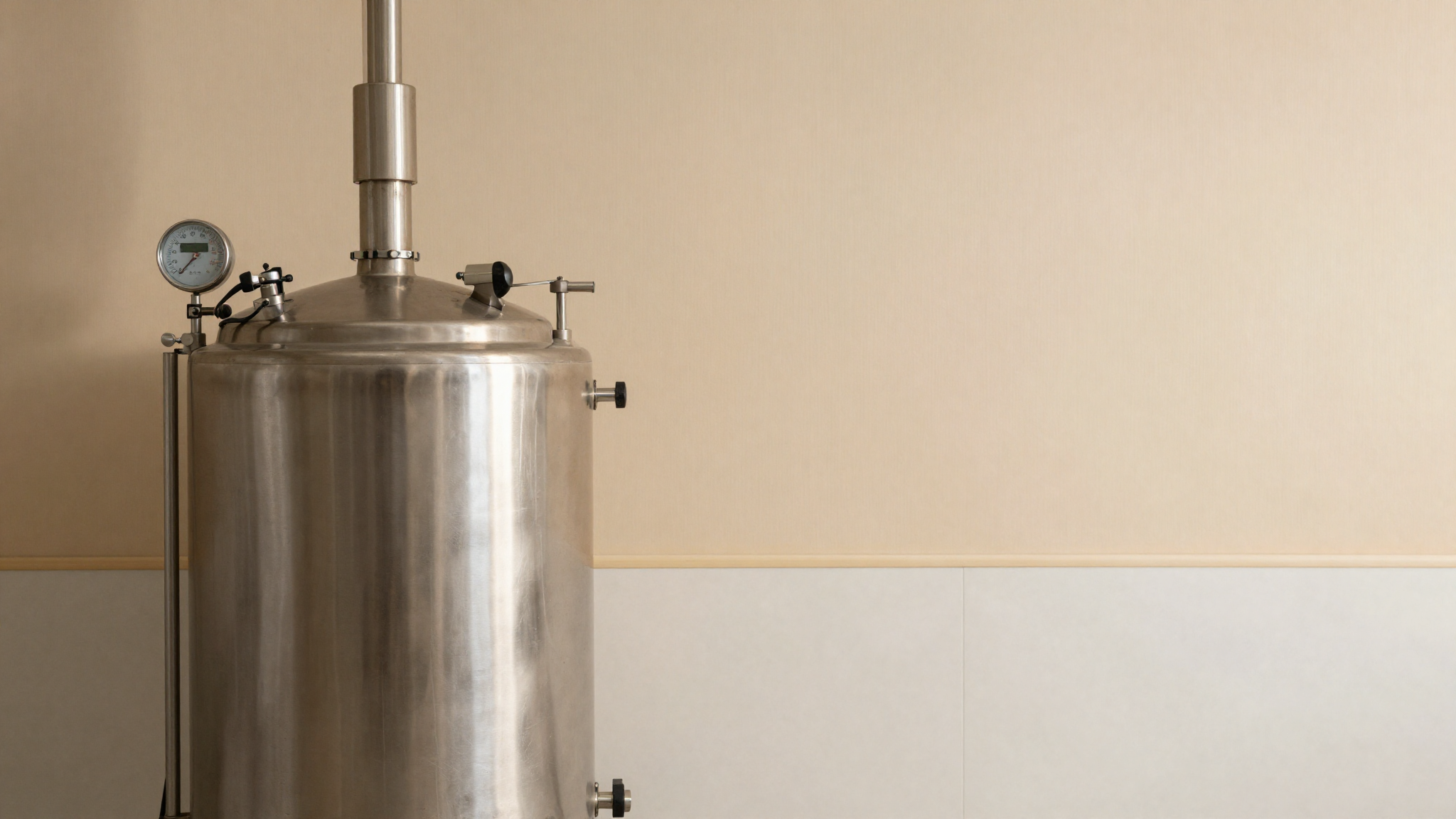 Stainless steel batch pasteurizer with vertical tank, double jacket, control panel and digital temperature display