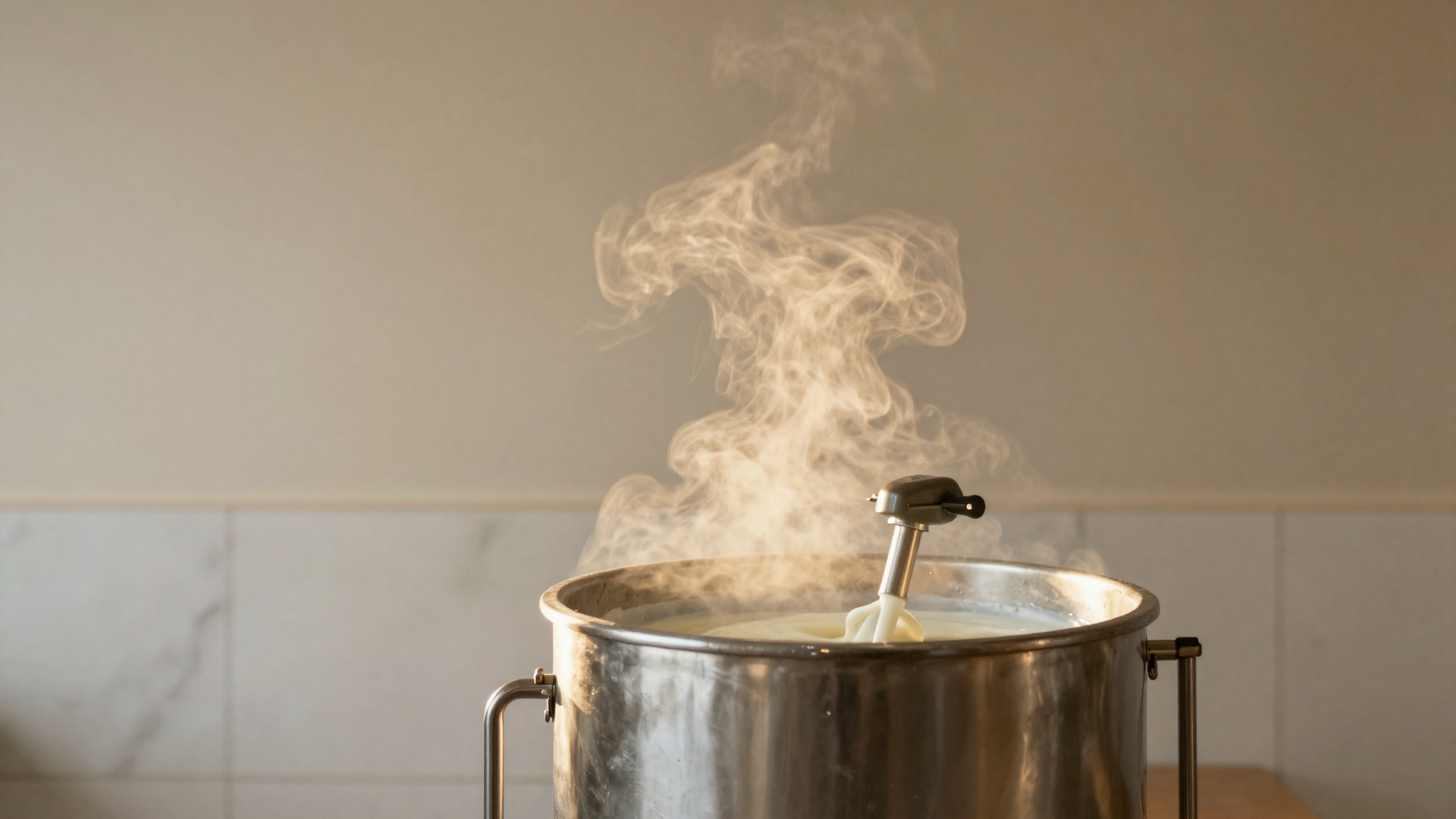 Open stainless steel pasteurizer tank with warm milk steam rising in the lab, atmospheric process moment