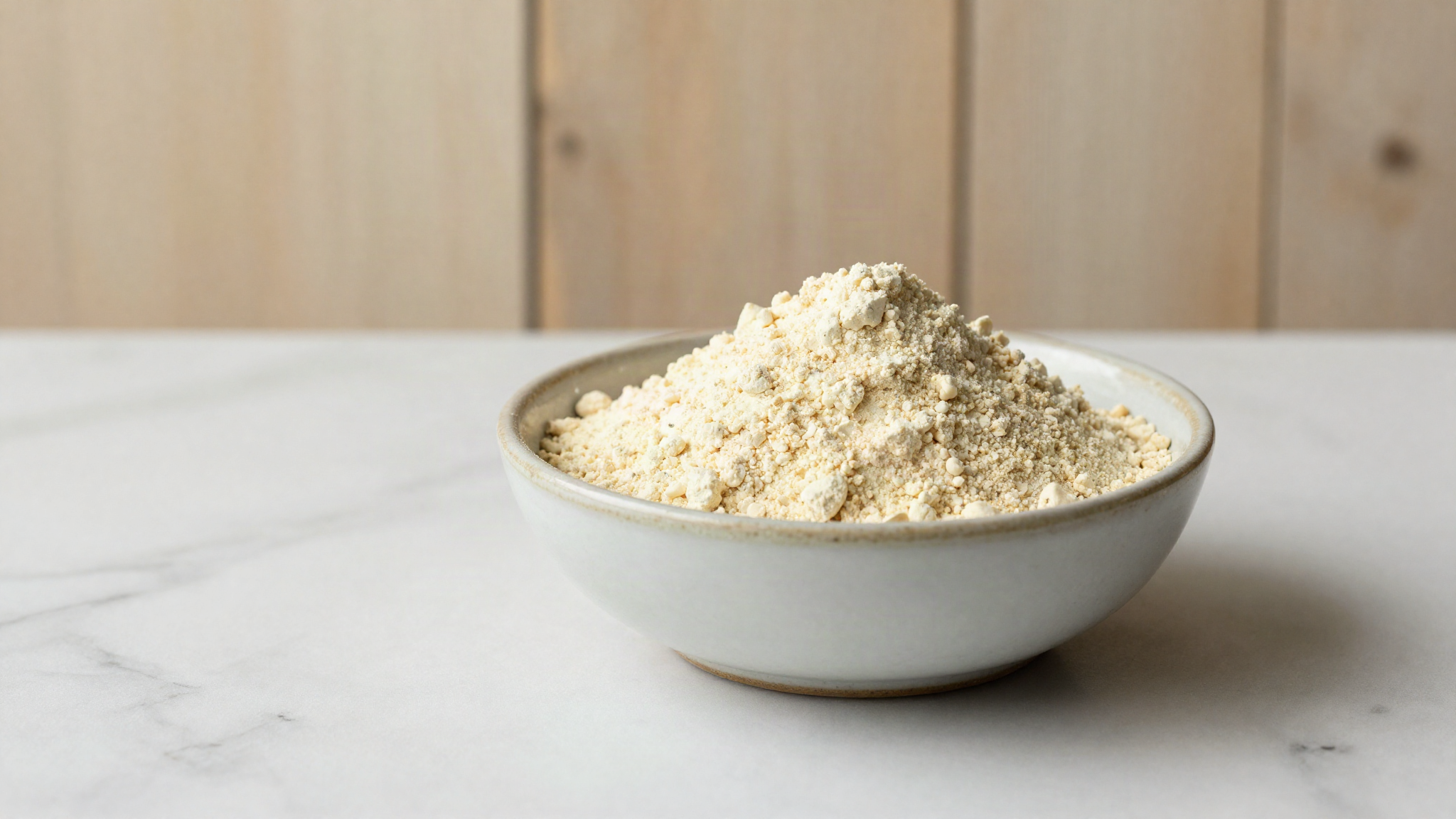 Pale golden pea protein isolate powder in a small ceramic bowl on a marble surface
