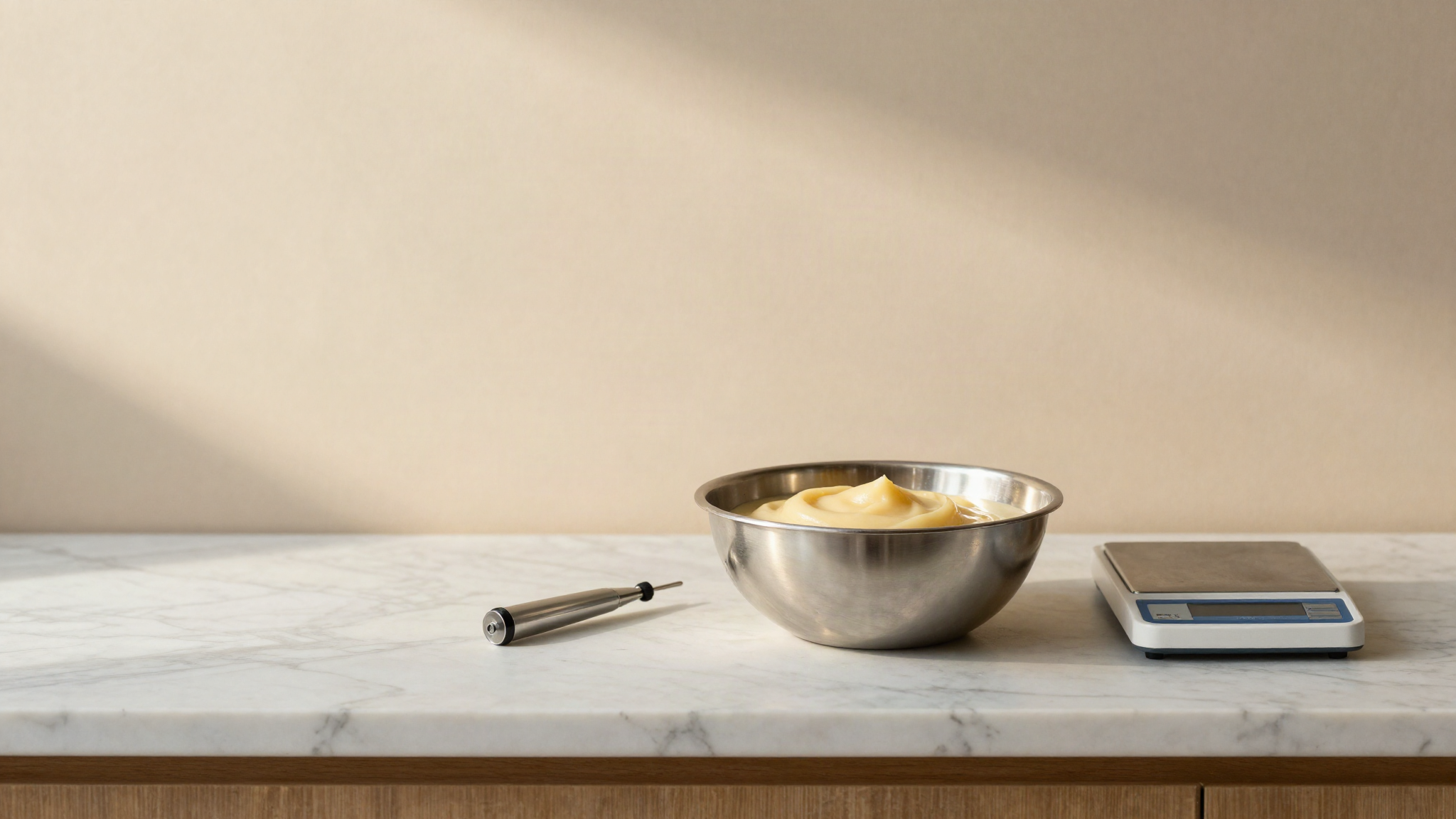 Stainless bowl of strained pear puree beside a refractometer and digital scale in a gelato lab