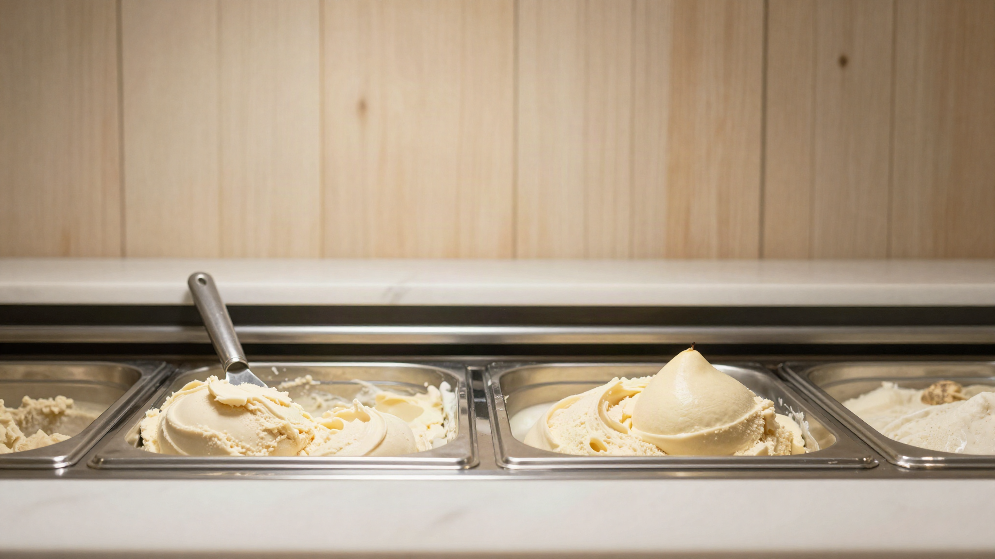 Stainless gelato pan of pale ivory pear sorbetto with a smoothed spatula swirl in a display case