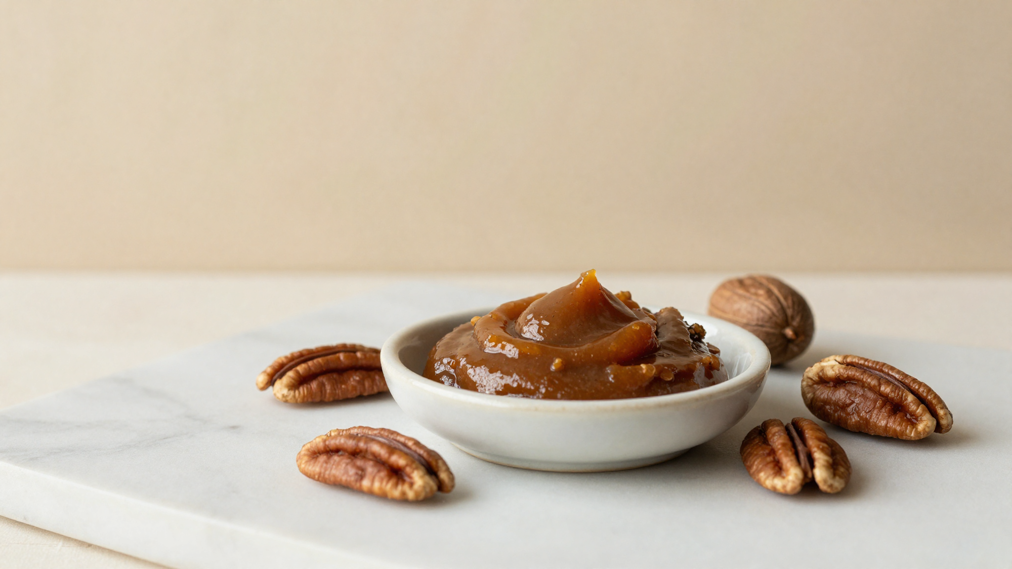 Glossy pecan paste in a ceramic dish surrounded by whole pecan halves on marble