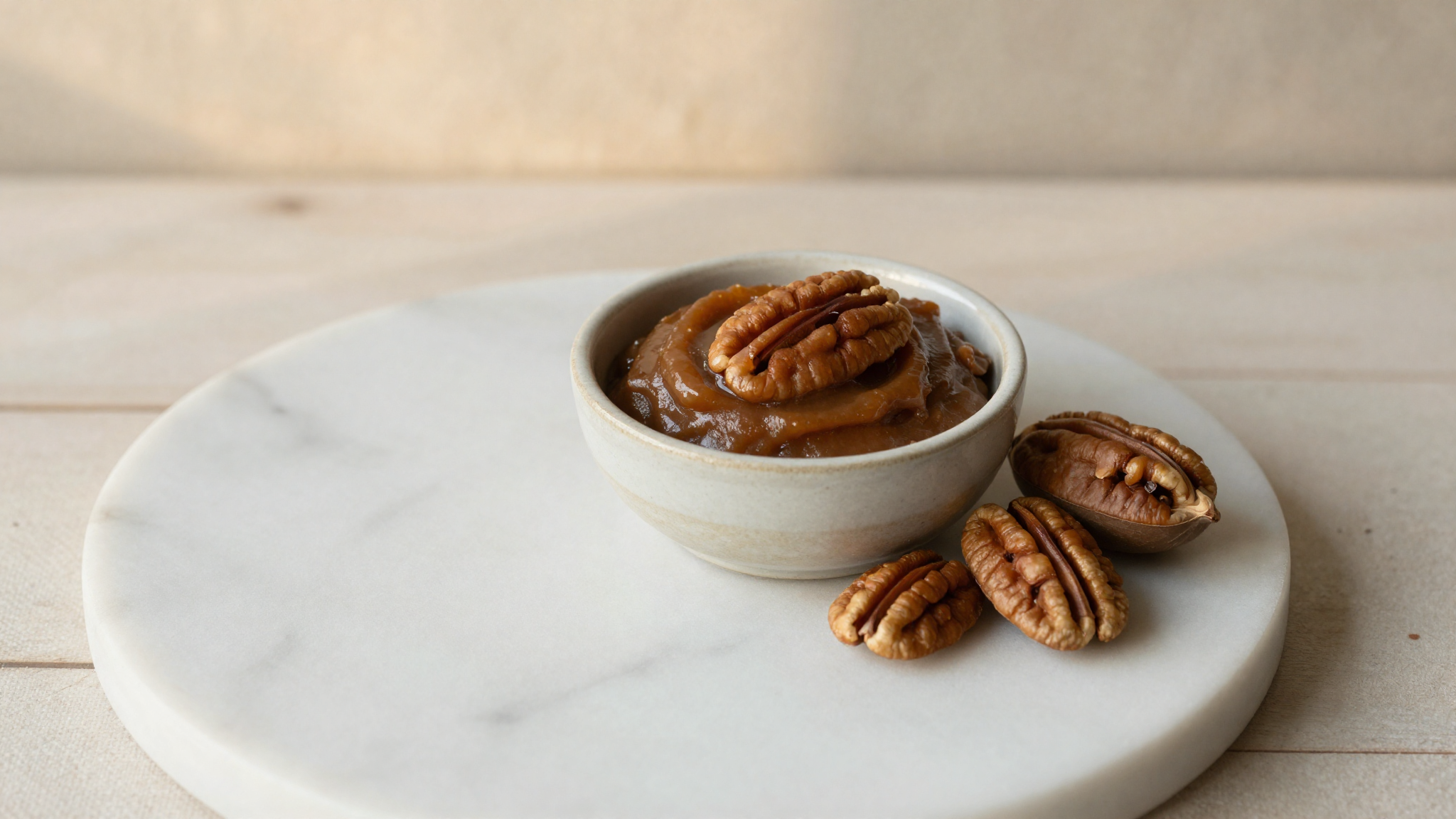 A small ceramic bowl of glossy pecan paste beside whole pecan halves on white marble