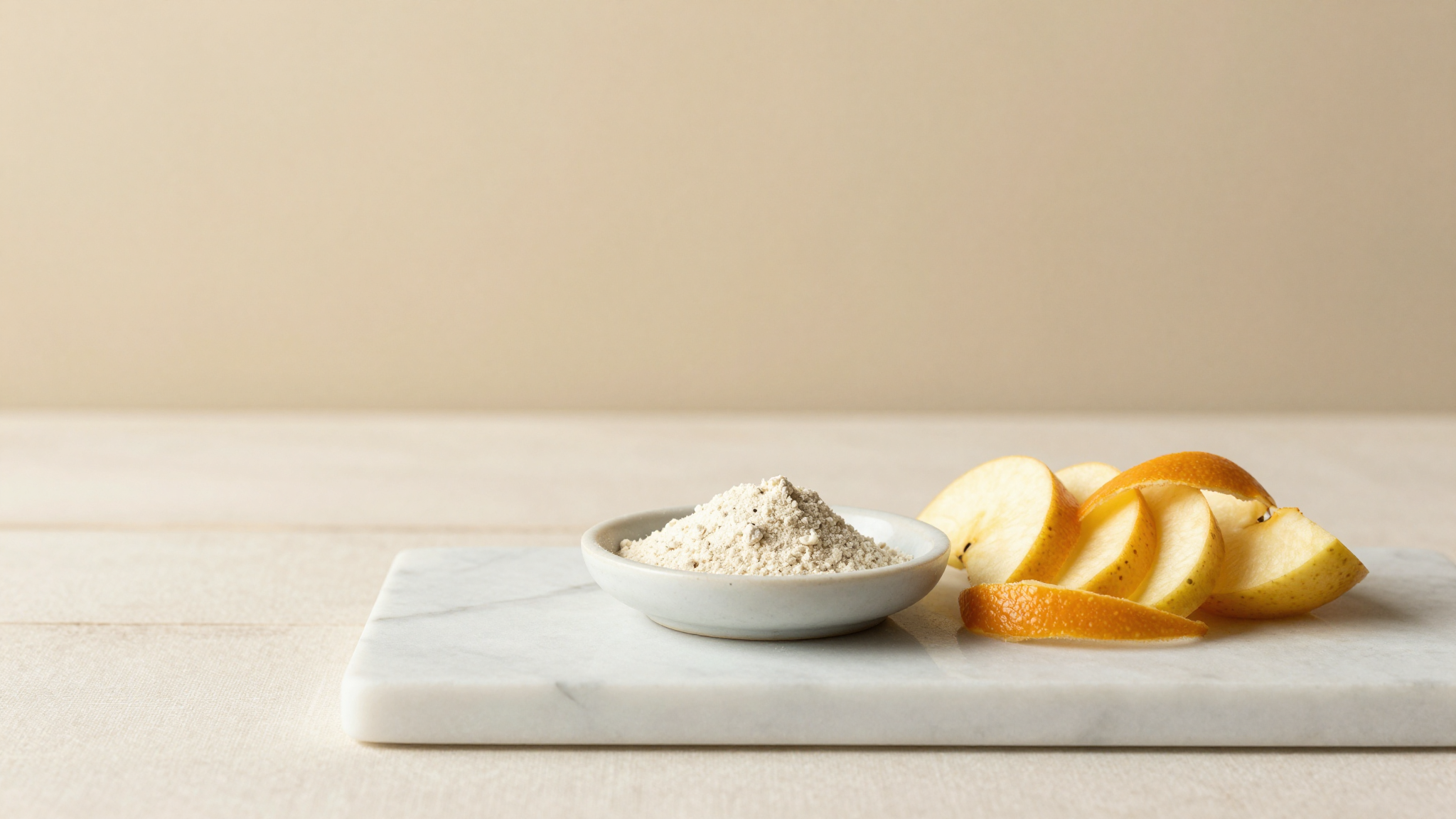 Pectin powder next to fresh fruit, illustrating its natural source and use in sorbet and fruit gelato