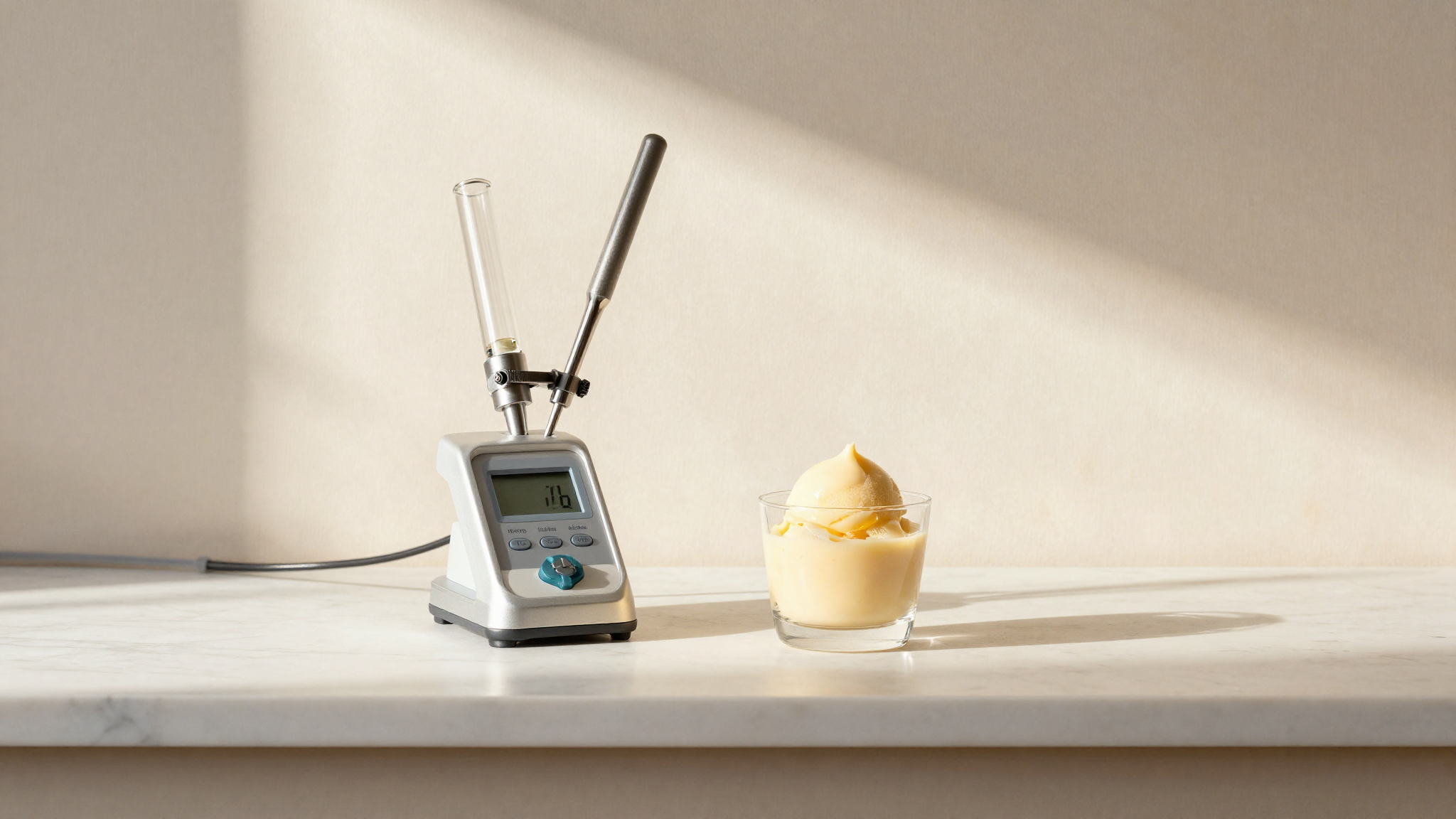 Professional digital pH meter with a glass probe beside a glass of pale fruit sorbet base in a gelato lab