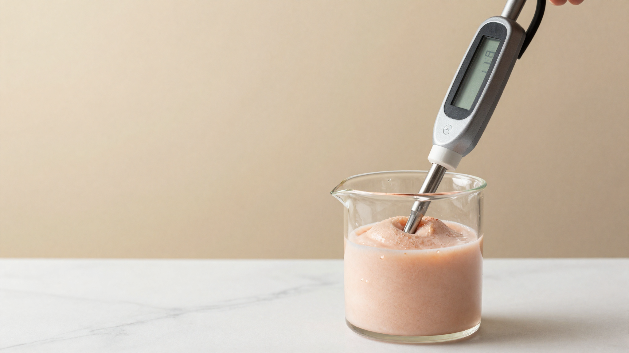 Close-up of a digital pH meter probe submerged in a beaker of pale strawberry sorbet base on white marble