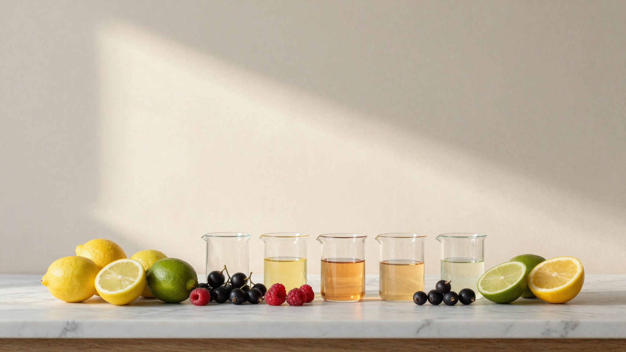 A row of fresh citrus and berry fruits beside small beakers showing different acidity on a marble lab counter