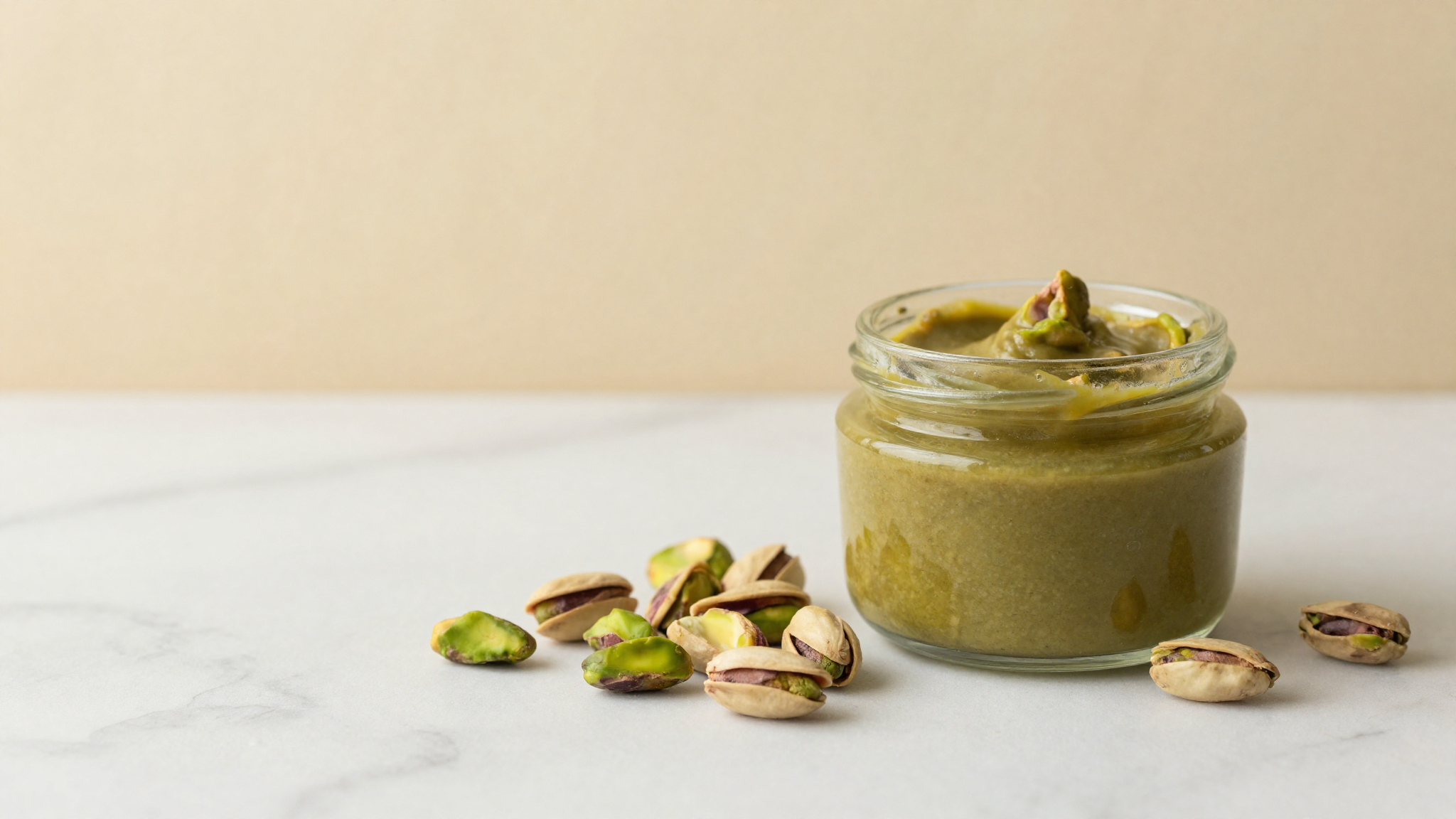 A small open jar of pure muted-green pistachio paste beside shelled green pistachios on a marble surface
