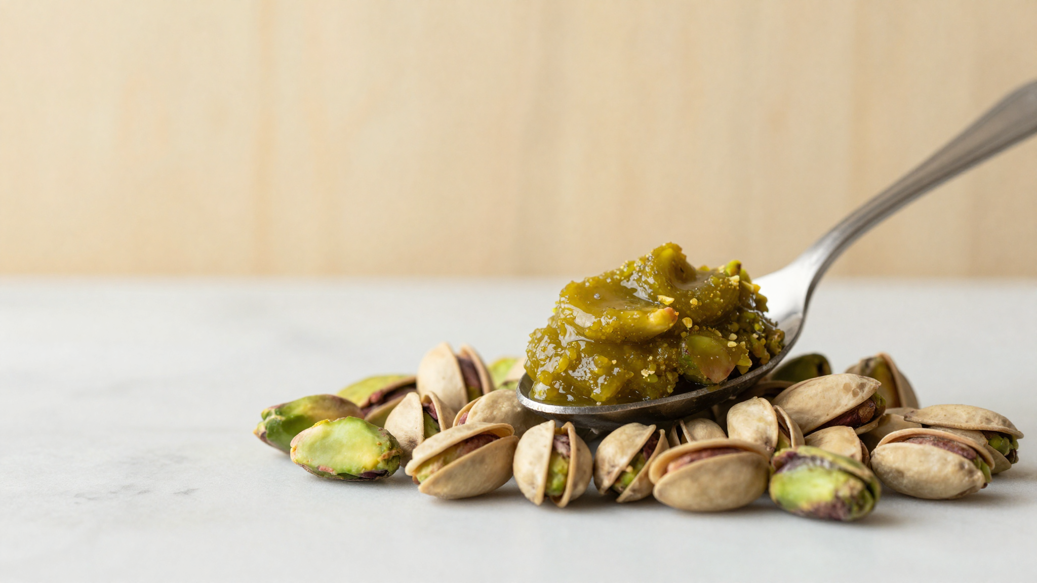 Shelled green pistachios and a spoon of thick pistachio paste showing its oily, dense texture