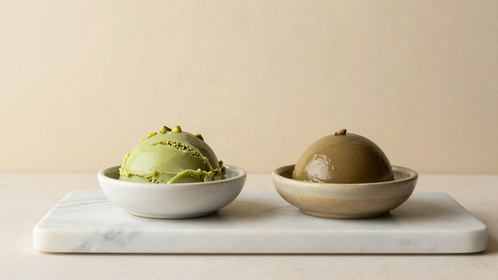 Two ceramic dishes of pistachio gelato side by side, one vivid green and one dull olive brown