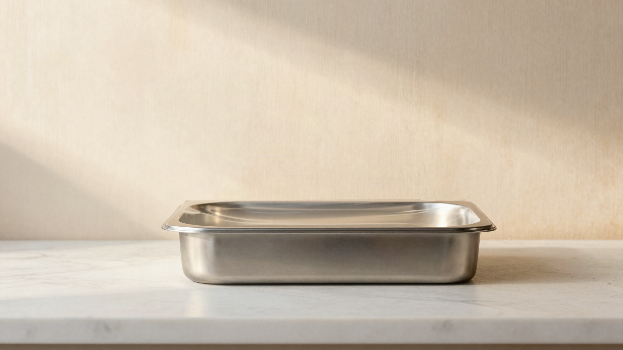 Stainless steel gelato pan sealed with clear film resting in a cold display case