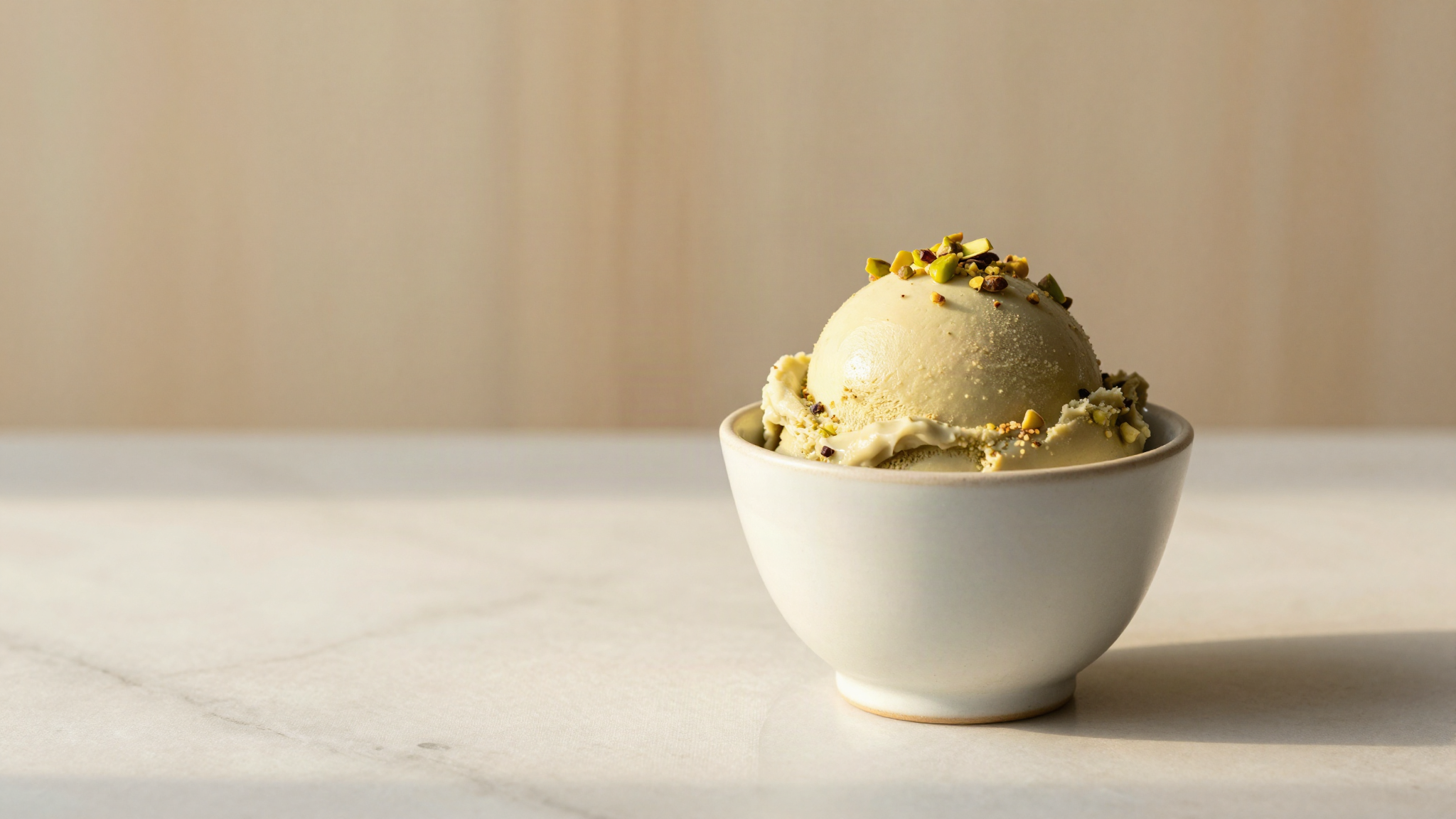 Bronte-style pistachio gelato served in a refined ceramic cup with chopped pistachios on marble