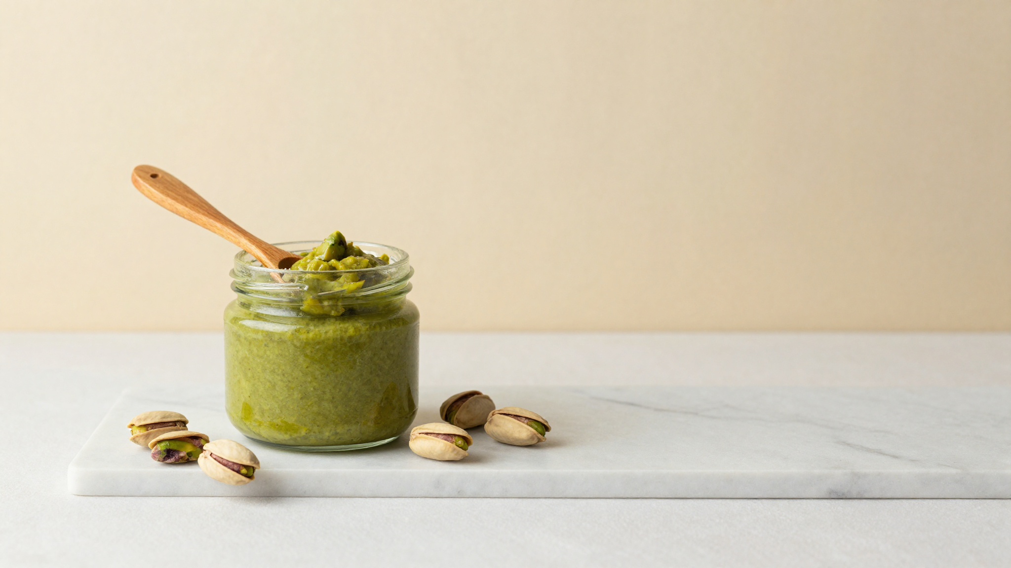 Open jar of bright green pistachio paste with a wooden spoon on a marble surface beside whole shelled pistachios