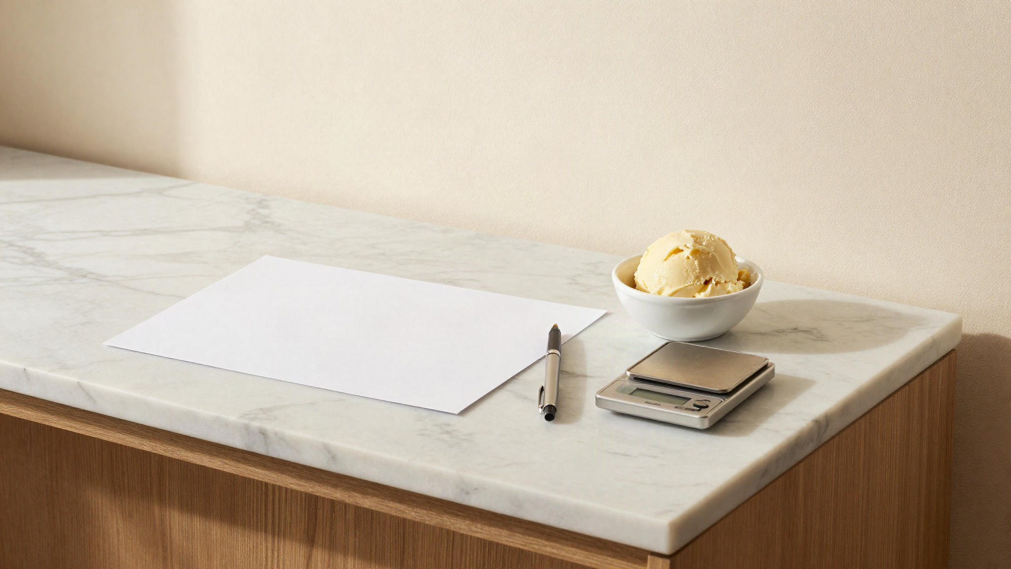 A marble counter seen from above with a blank paper label sheet, a fountain pen, a tiny digital scale and a small white ceramic tub of pale gelato