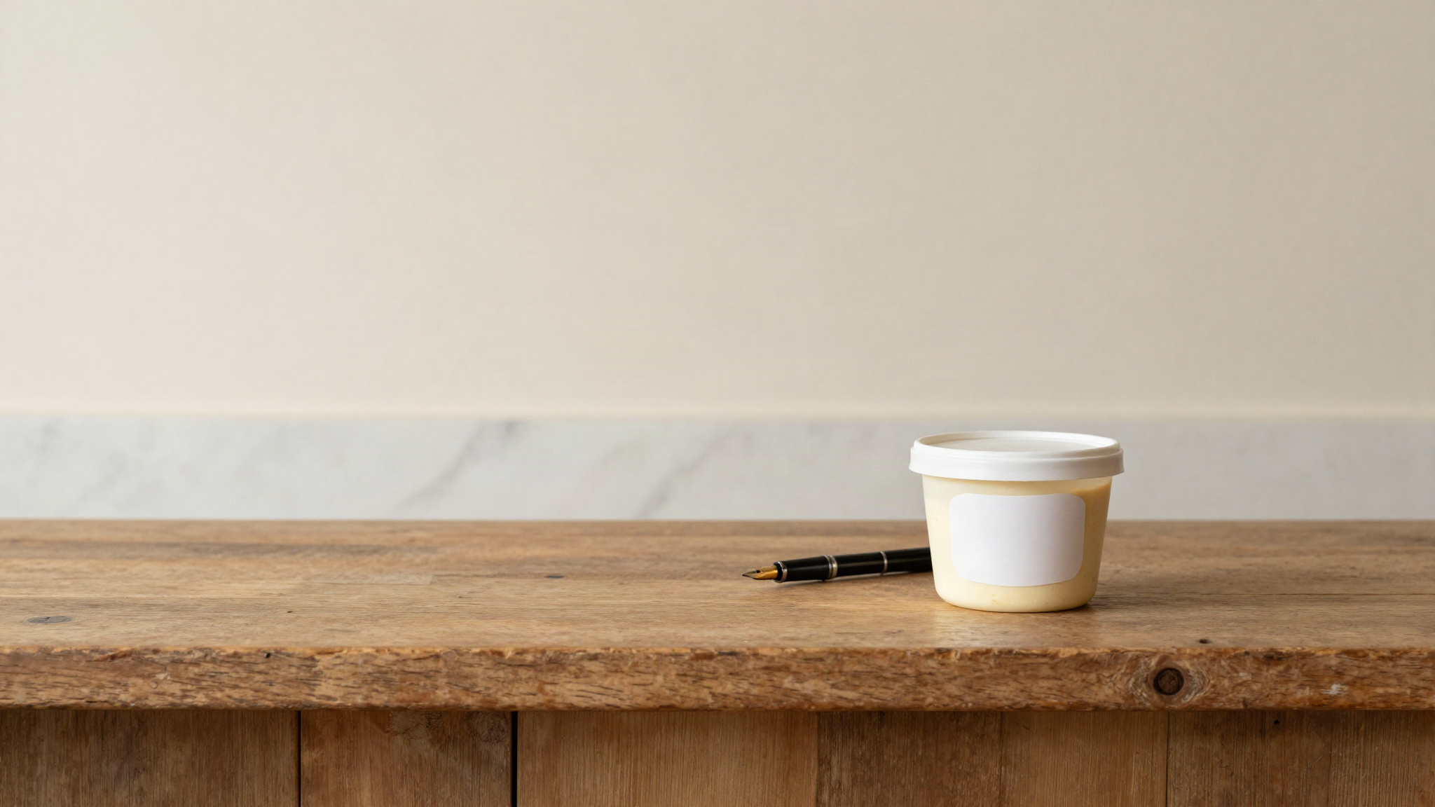A small round tub of pale gelato with a blank white paper label on its lid resting on an aged wooden counter with a fountain pen beside it