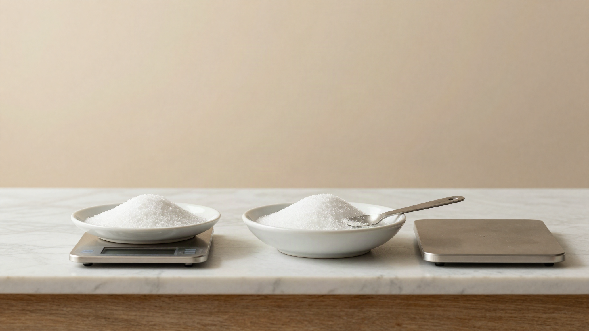 A shallow white ceramic dish of coarse white crystalline sweetener beside a tiny digital scale on white marble